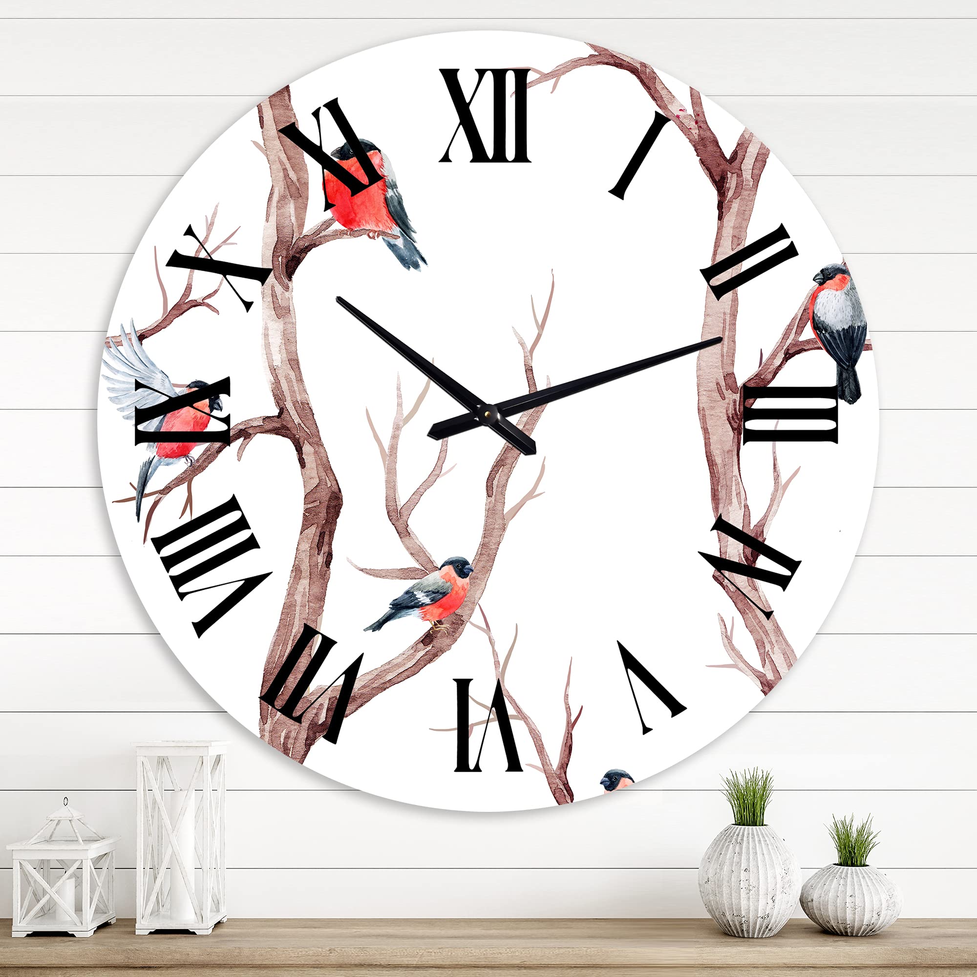 DesignQ Traditional Large Wall Clock - Little Birds on Tree Branches III, Animal Themed Kitchen Decor for Home, Office & Living Room