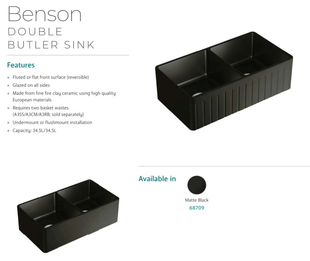 Fienza 68709 Benson Double Butler Sink in Matte Black - Premium Stainless Steel Kitchen Sink for Modern Farmhouse & Luxury Home Renovations (Perfect for Busy Kitchens & Entertaining Guests)