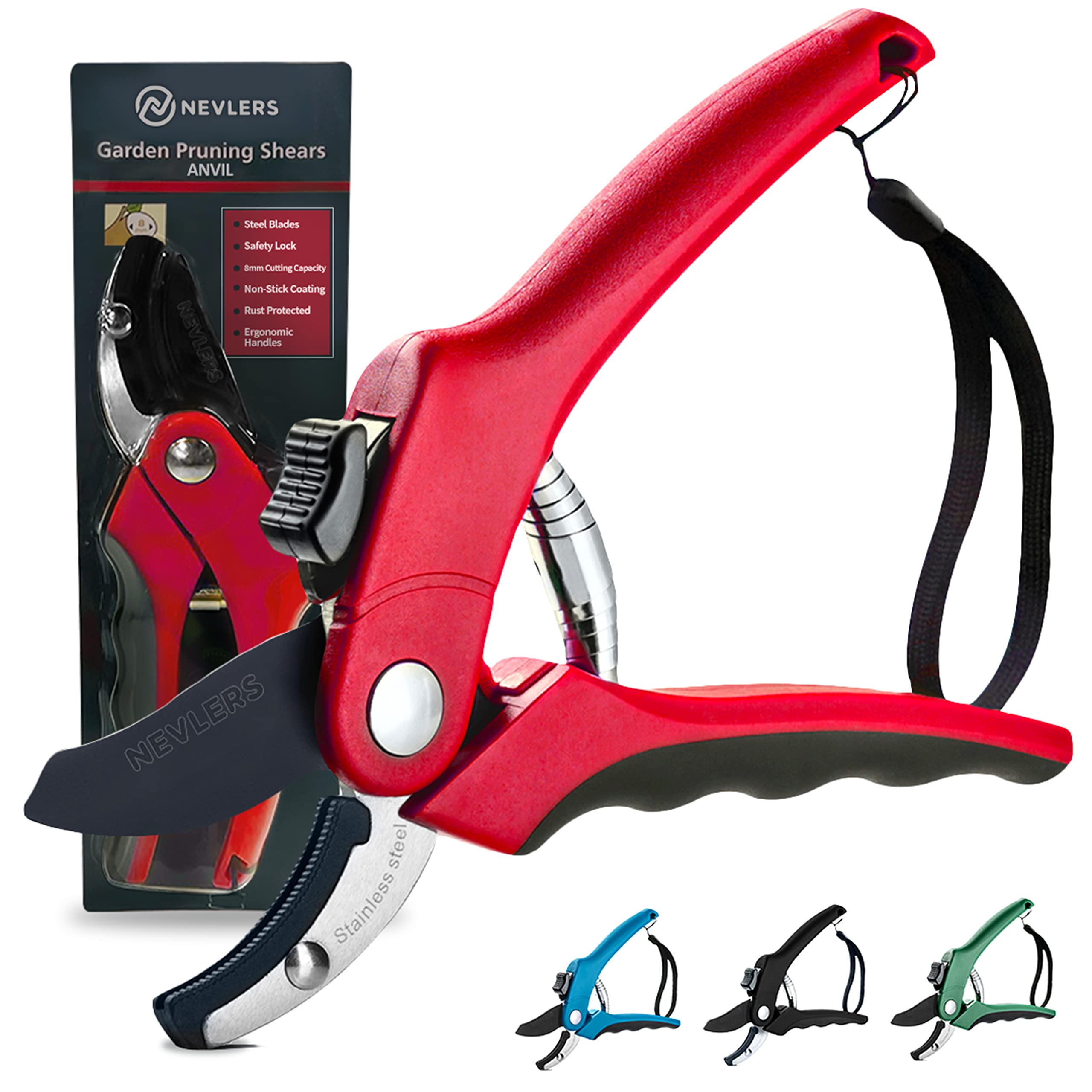Nevlers 8 Inch Red Anvil Pruning Shears - Stainless Steel Garden Shears with 8mm Cut Capacity | Ergonomic Hand Pruners for Trimming Branches, Shrubs & Plants | Perfect for Gardening, Landscaping & Outdoor Use