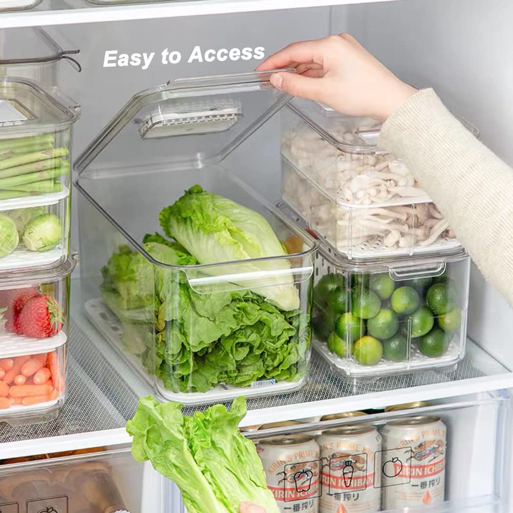 Clear 5700ML Refrigerator Organizer Set of 4 - Fridge Food Storage Containers with Lids & Drain Plate for Vegetables, Fruits, Lettuce | Perfect for Meal Prep & Fresh Produce Organization