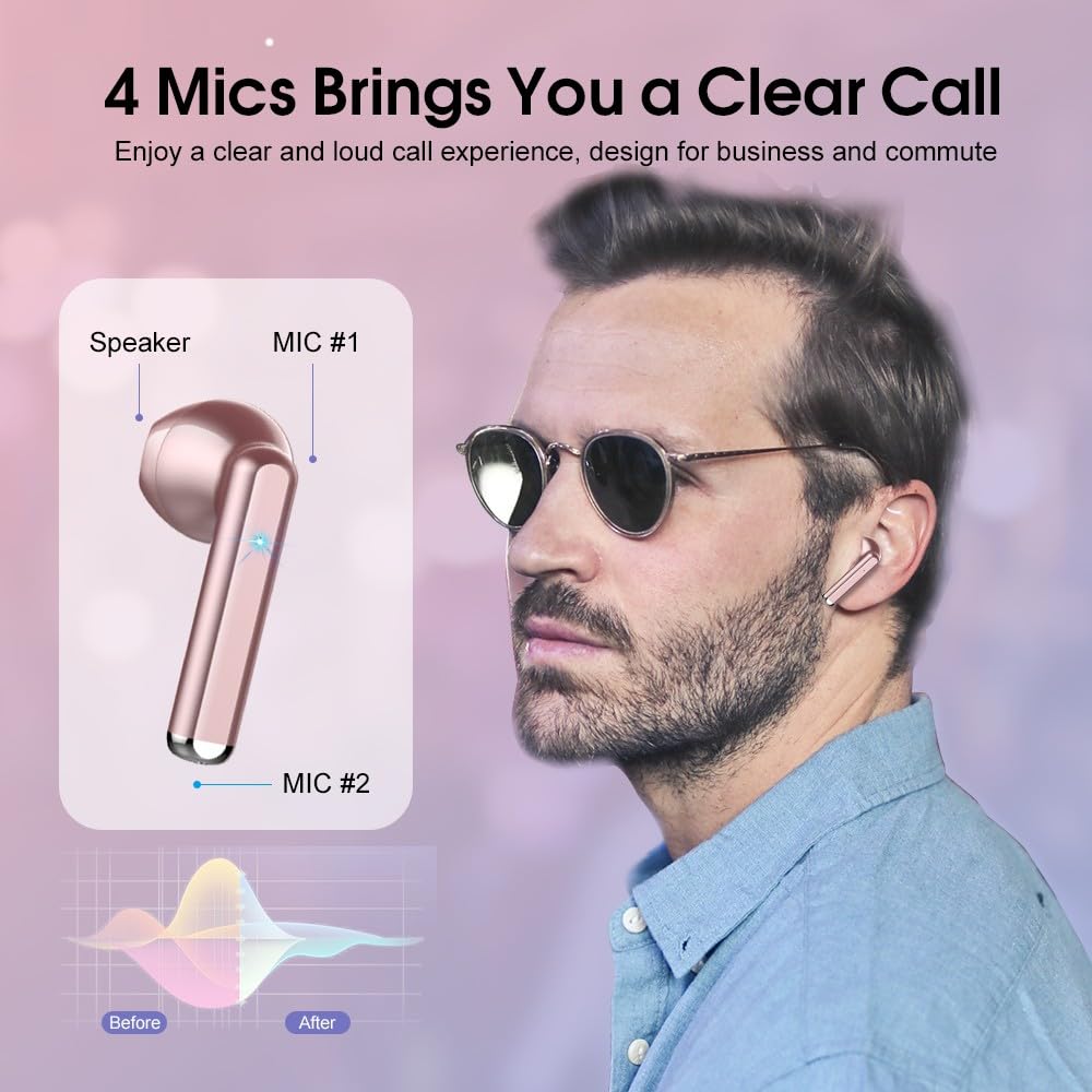 OYIB Wireless Earbuds Bluetooth 5.3 with ENC Noise Cancelling Mic - Mini In-Ear Headphones HiFi Stereo Sound, Touch Control, Type-C Fast Charging, Rose Gold - Perfect for Gym, Running, Travel & Work Calls