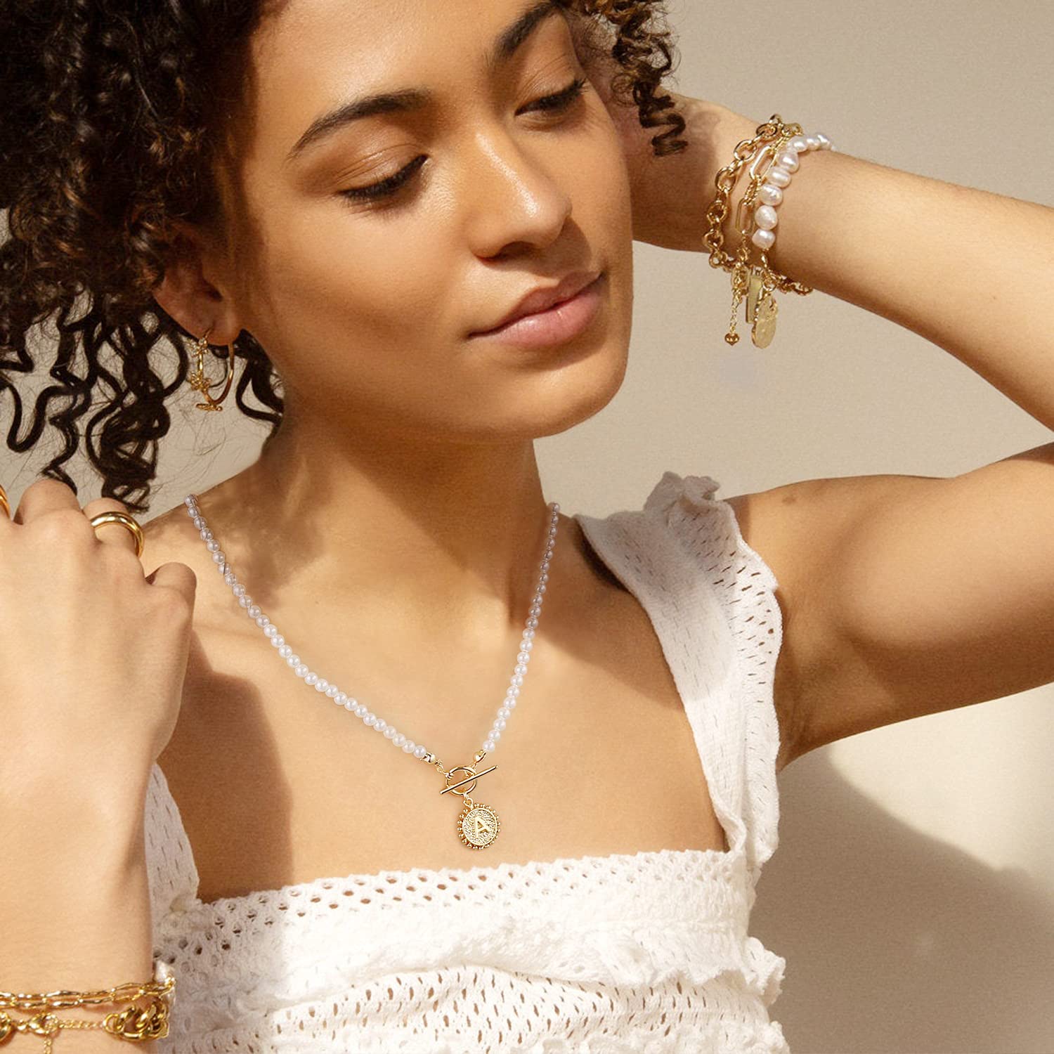 Elegant Initial K Pearl Choker Necklace for Women - 4MM Simulated Pearl, 14K Gold Plated Toggle Clasp, Handmade Dainty Jewelry with Coin Pendant - Perfect for Gifts, Date Nights & Special Occasions
