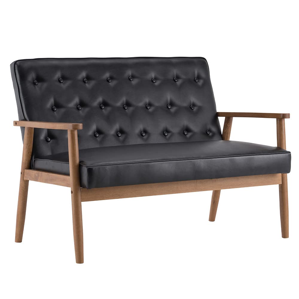 Mid-Century Modern Upholstered Accent Lounge Chair - Retro PU Leather Loveseat Sofa with Wooden Armrests for Living Room, Bedroom & Office - Light Black | Perfect for Small Spaces, Reading Nooks & Home Offices