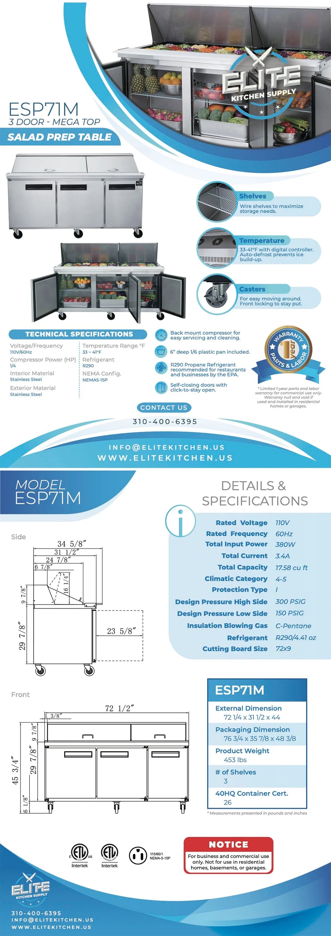 ESP71M Mega Top Commercial Refrigerator - Heavy Duty Stainless Steel Food Prep Table with NSF Certification for Restaurants, Kitchens & Catering Businesses | Perfect for Food Storage, Meal Prep & Buffet Service