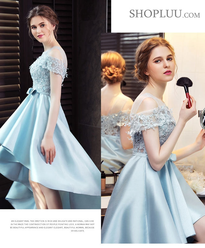 Light Blue Satin Lace Prom Dress - Elegant Blue Lace Evening Gown for Homecoming, Formal Dances & Special Occasions