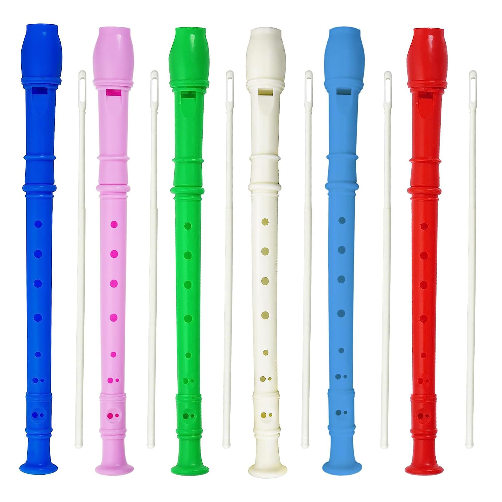 **6-Pack German Style Soprano Recorders - 8 Hole Descant Flute with Cleaning Rod for Beginners, School, Graduation Gifts (Blue, Pink, White, Green, Red, Dark Blue) | Perfect for Music Class, Band Practice & Student Learning**