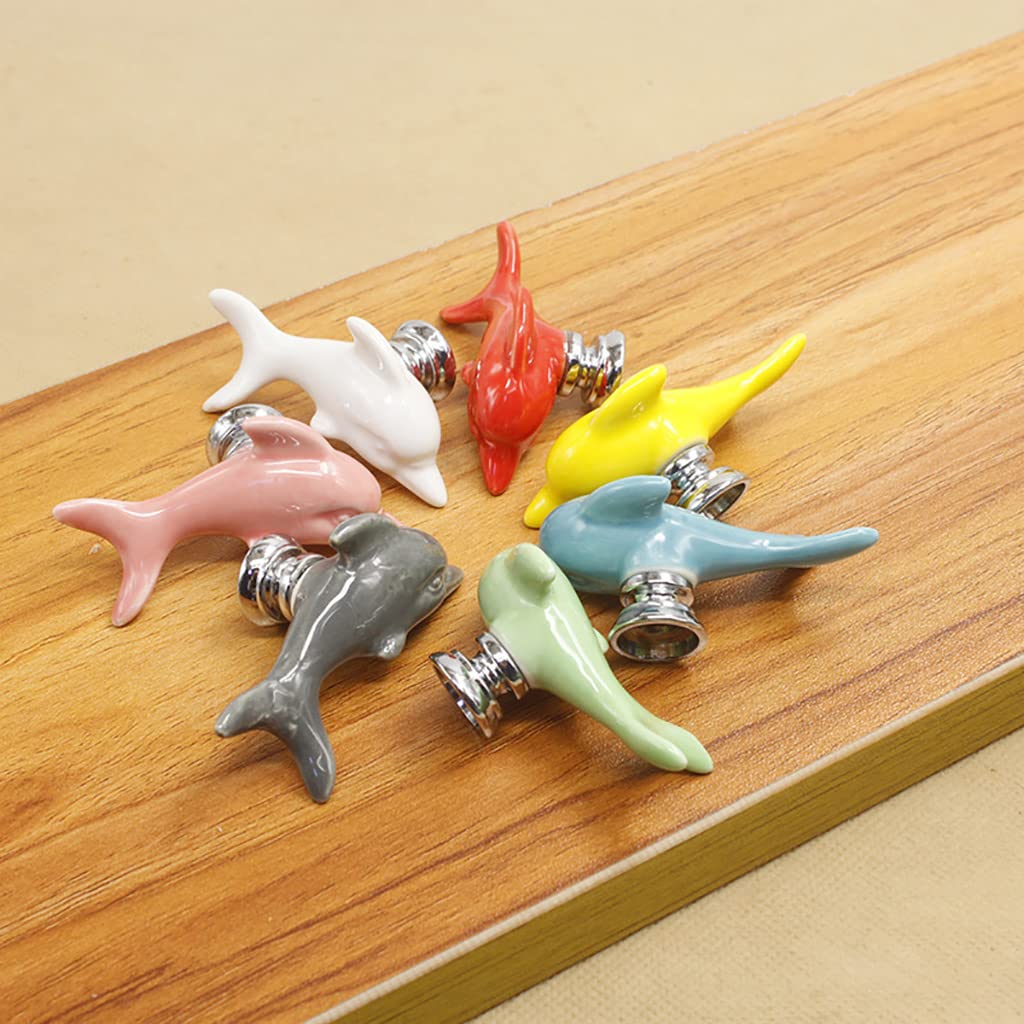 5Pcs Dolphin Ceramic Drawer Knobs for Kids - Cute Cartoon Cabinet Handles for Dresser & Bookcase (Blue) - Nursery & Playroom Decor
