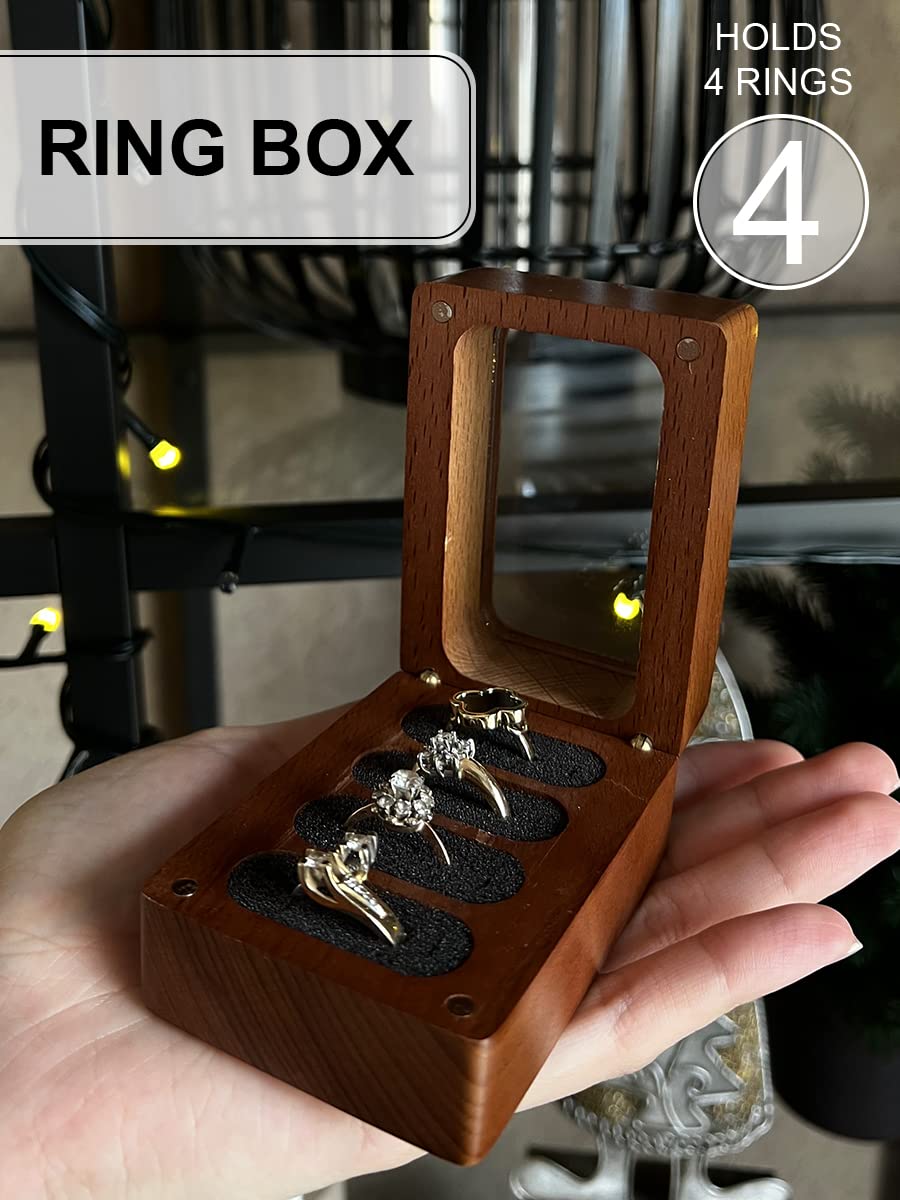 **Elegant Wooden Ring Box for Wedding Proposal & Ceremony - 4 Ring Holder for Ring Bearer, Engagement & Wedding Rings - Perfect for Proposals, Vows & Special Occasions**