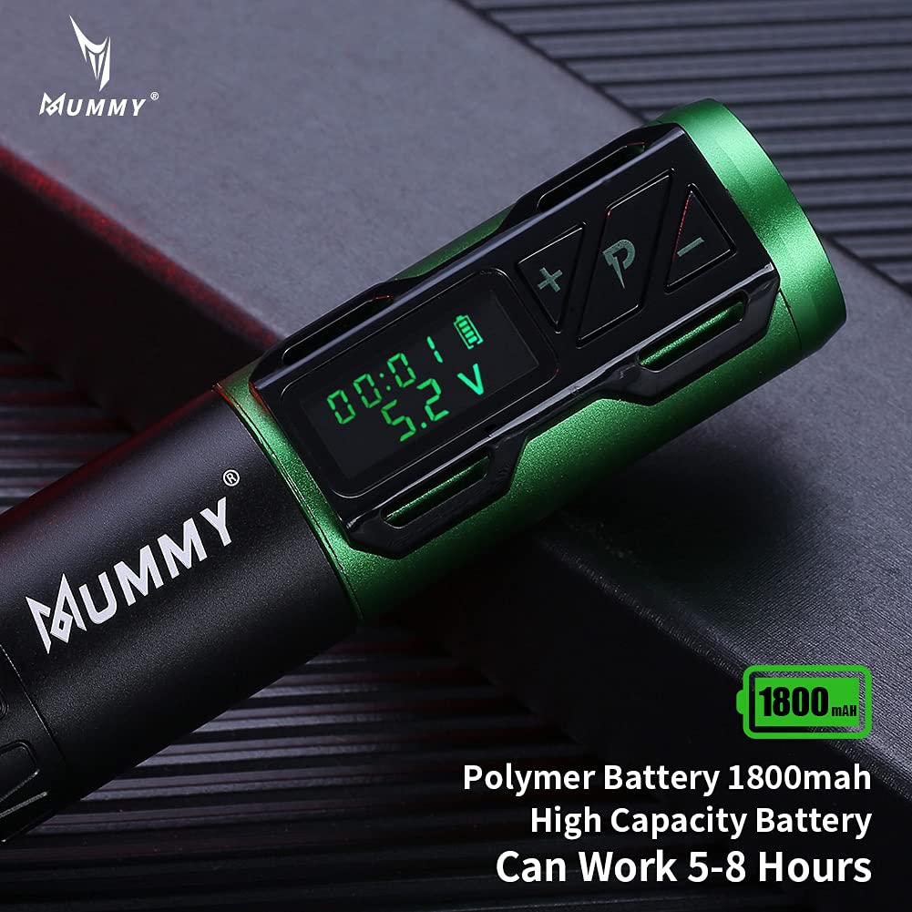Professional Rotary Tattoo Pen Machine - 1800mAh Coreless Motor, Digital LED Display, Mummy Cartridge Compatible (Green) | Ideal for Tattoo Artists, Beginners & Professional Tattoo Supplies