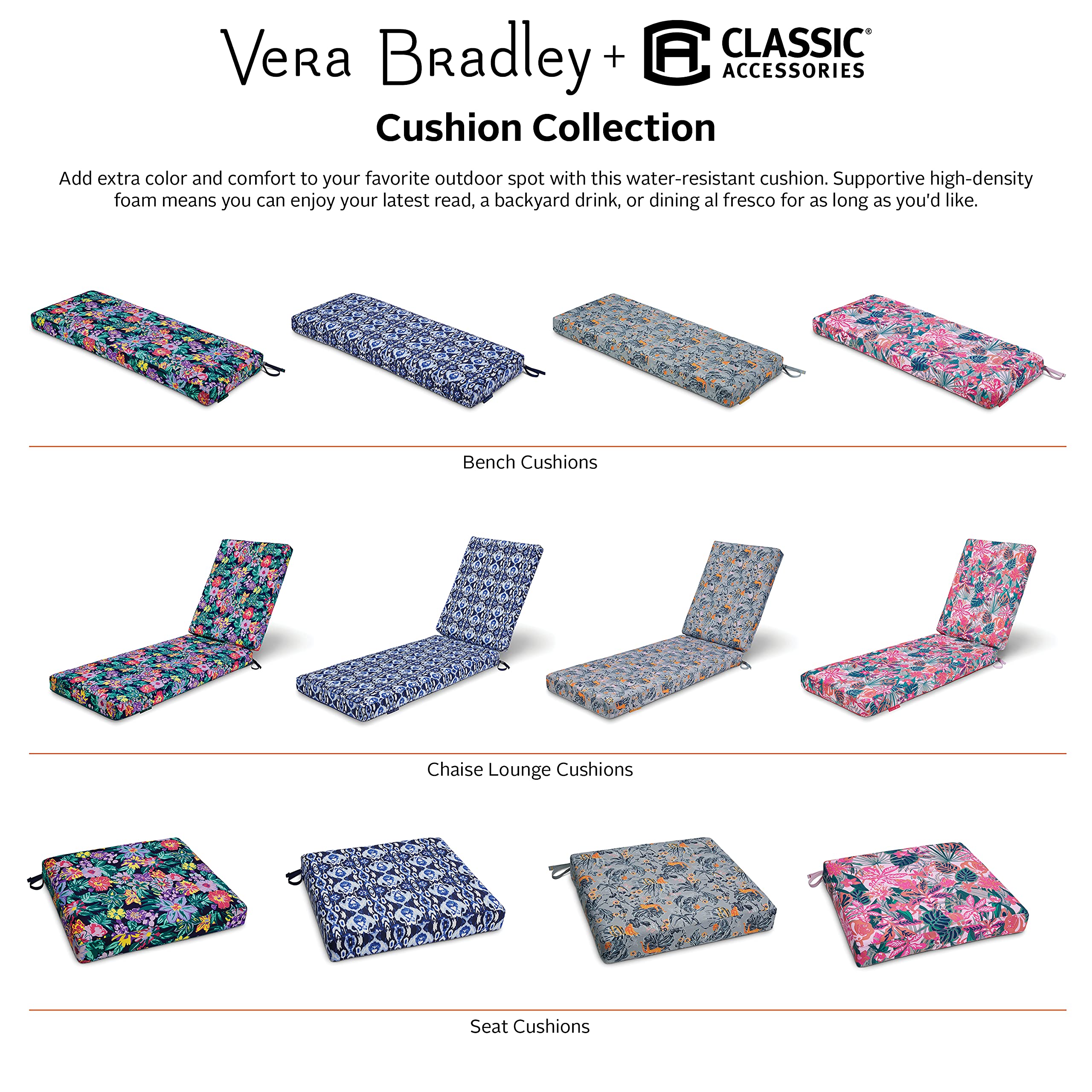 Vera Bradley Water-Resistant Patio Bench Cushion 54x18x3in - Happy Blooms for Outdoor Furniture