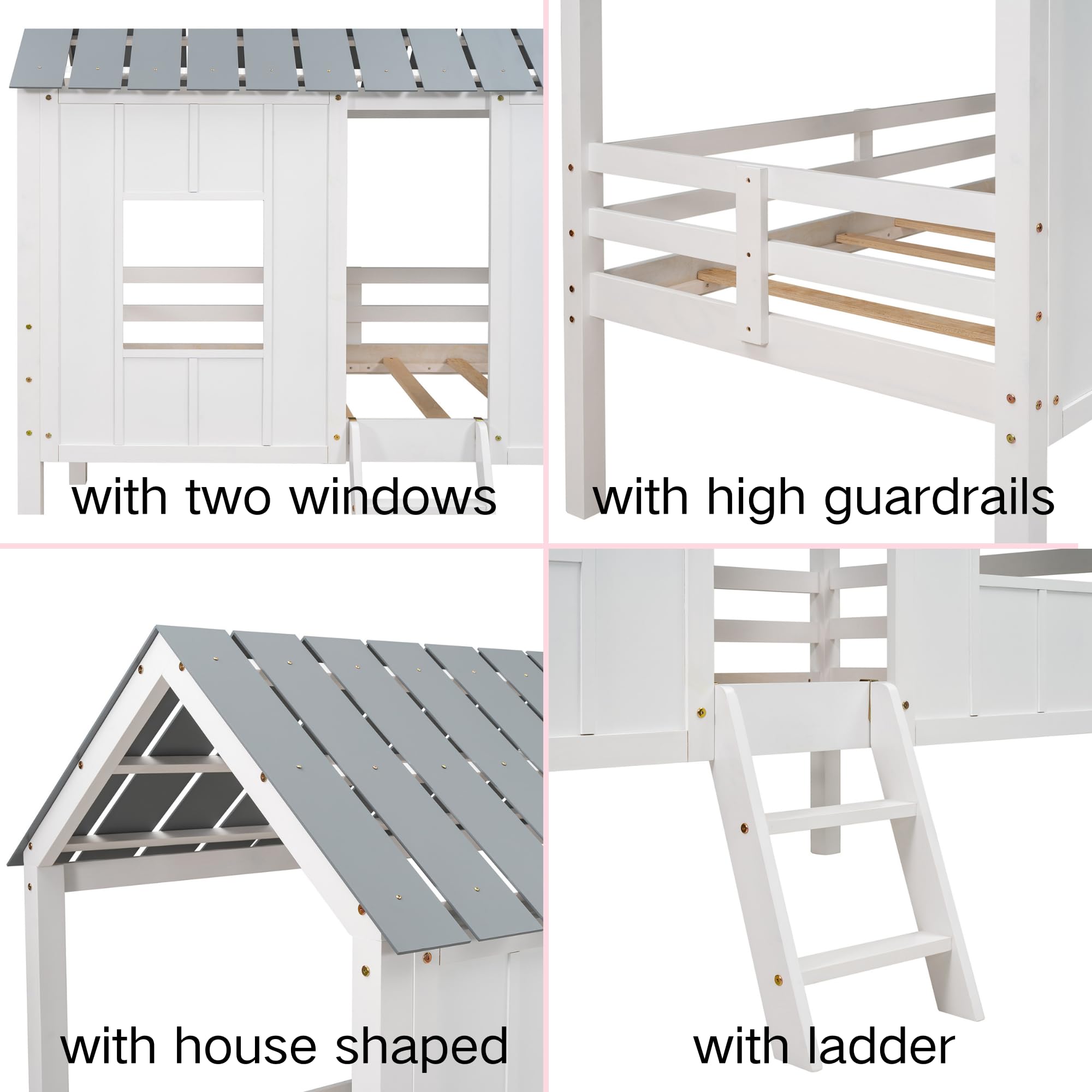 SOFTSEA Low Loft Bed with Windows and Roof - Sturdy Wooden House Bed Frame with Slatted Platform (No Box Spring Required) - Perfect for Kids' Bedrooms, Playrooms & Small Spaces