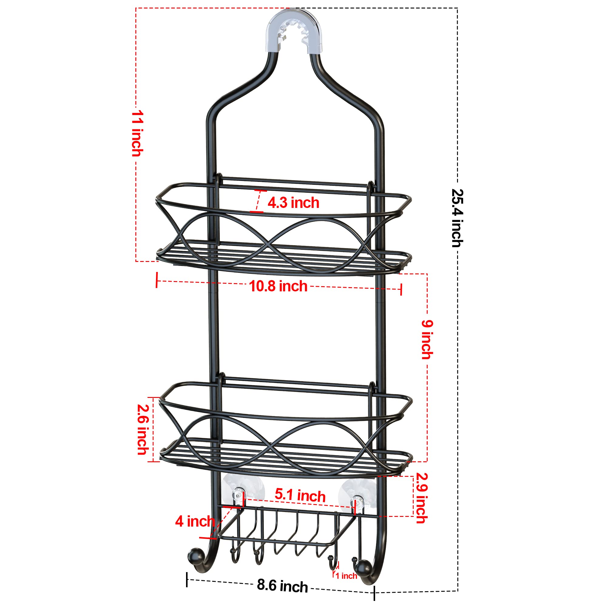 Black Rust-Proof Metal Hanging Shower Caddy - Large Bathroom Organizer for Shampoo, Conditioner, Body Wash, Soap, Razors & Sponges | Over Shower Head Storage Solution for Small Bathrooms & Apartments