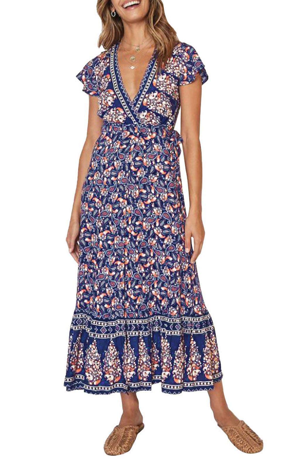 ZESICA Women's 2025 Bohemian Floral Print Wrap V-Neck Short Sleeve Maxi Dress with Side Slit for Beach Party, Summer Vacation & Casual Outings