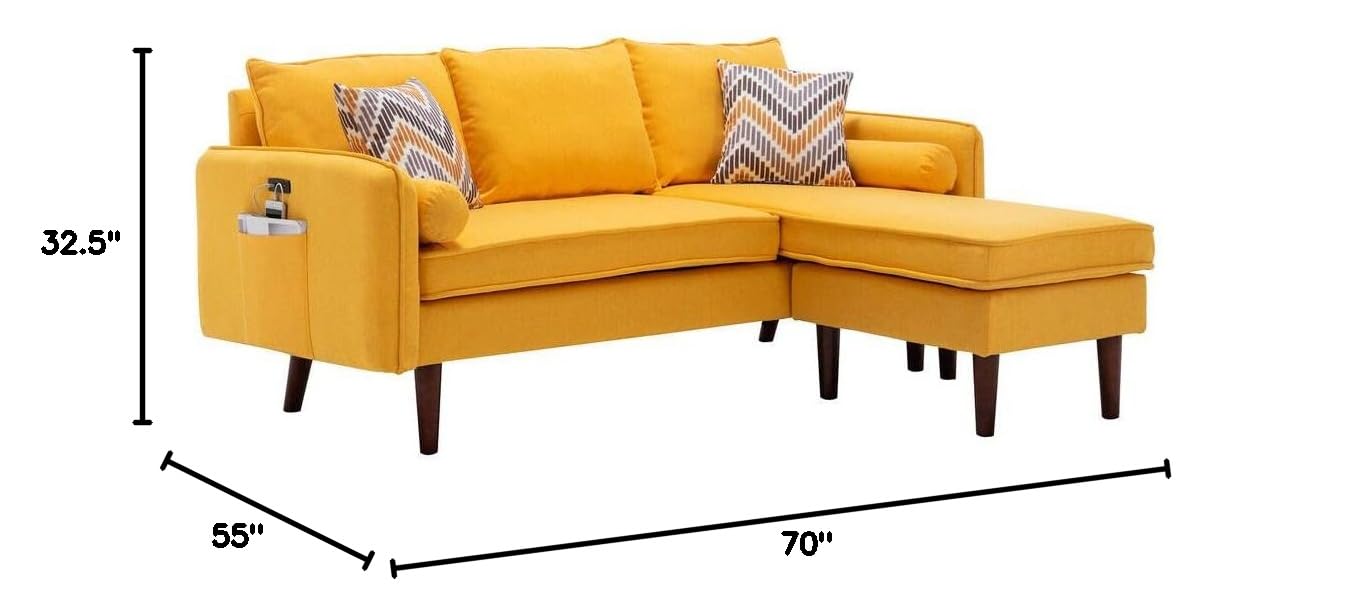 Lilola Home Mia Yellow Sectional Sofa Chaise with USB Charger & Pillows - Modern Living Room Furniture for Small Spaces, Comfortable Couches for Apartments and Family Rooms