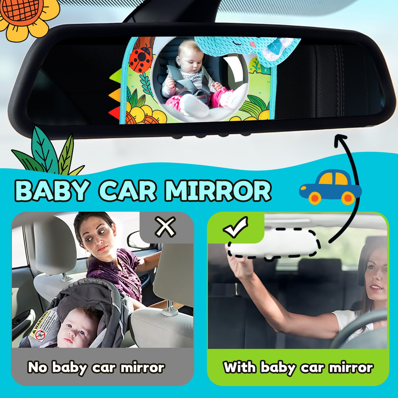 Baby Car Seat Toys - Mirror, Teether & Crinkle Paper for Travel & Tummy Time