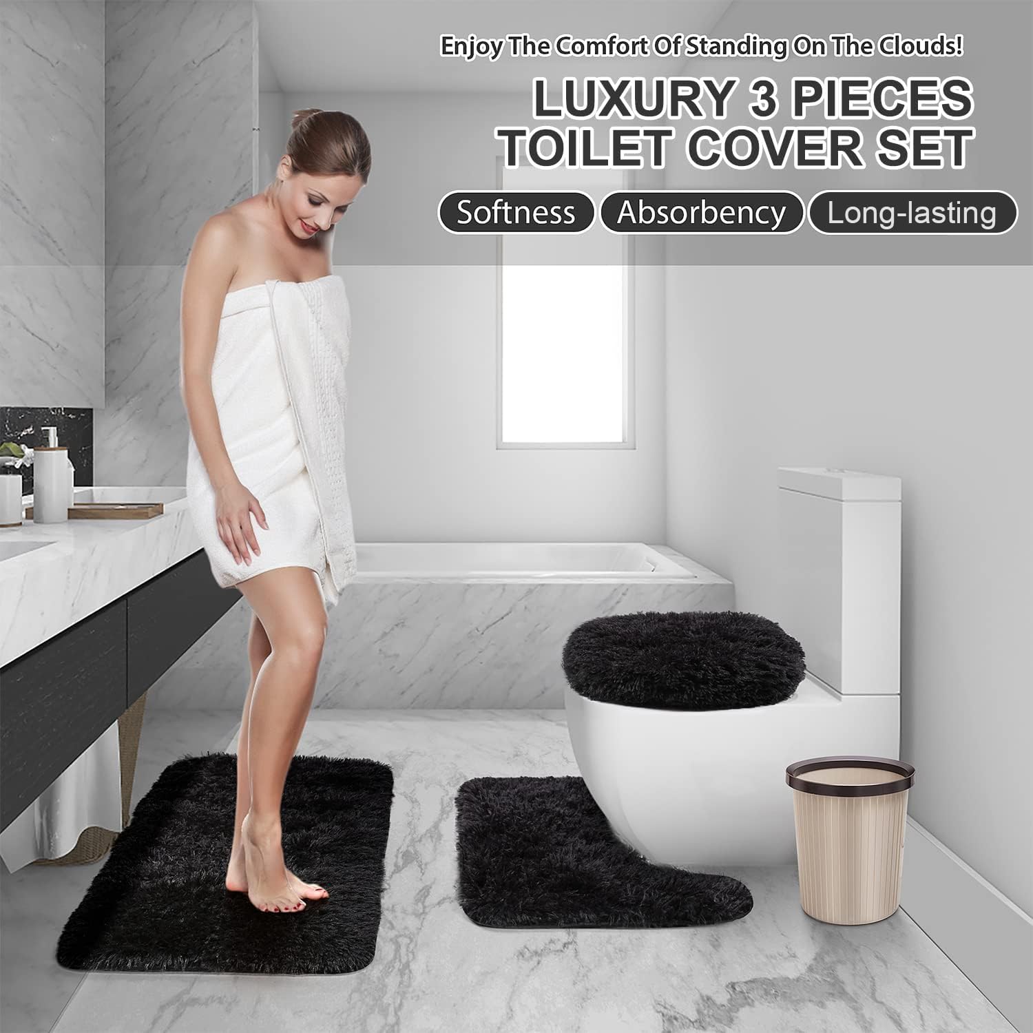 3-Piece Plush Bathroom Rug Set - Non-Slip, Machine Washable for Toilet & Shower Areas