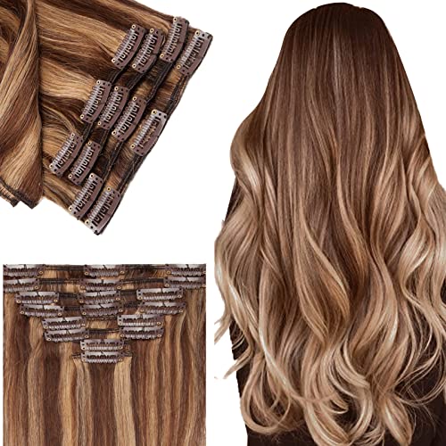 Benehair 24 Inch Human Hair Clip-in Extensions - 8pcs Balayage Medium Brown & Dark Blonde Highlight Remy Hair Extensions for Women | Long Straight Natural Full Head | No Tape No Glue (#4P27) | Perfect for Parties, Weddings & Daily Styling