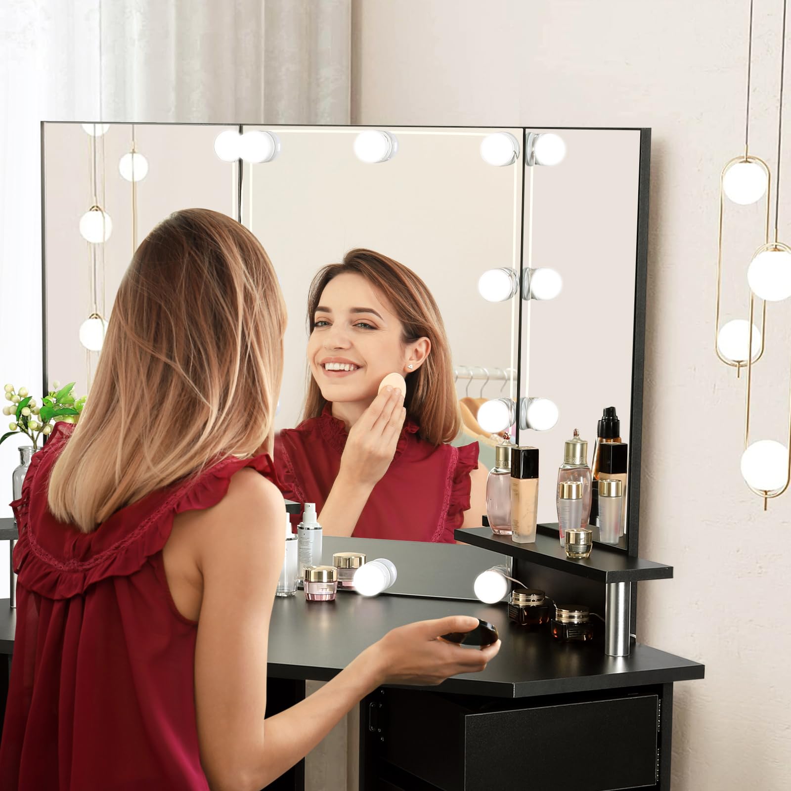 VOWNER Lighted Makeup Vanity Desk with Power Outlet - Adjustable 3-Color LED Mirror & 5 Rotating Drawers, Vanity Table with Stool & Shelves for Bedroom (Black) - Perfect for Beauty Routines & Small Space Organization