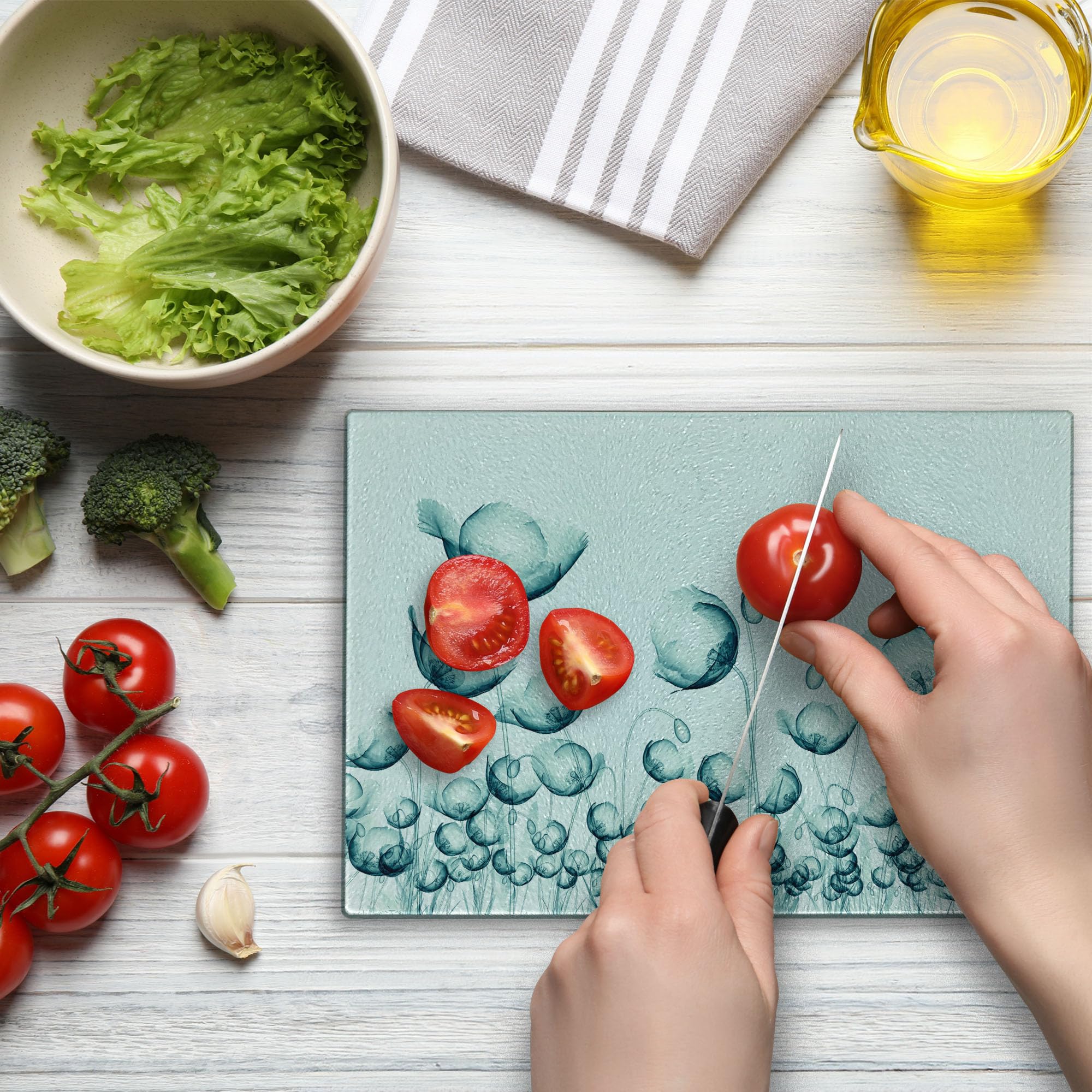Ambesonne Poppy Flower X-Ray Art Cutting Board - Tempered Glass Serving Tray for Cheese, Charcuterie & Appetizers - Unique Nature-Inspired Kitchen Decor - Small Size in Teal & White - Perfect for Entertaining & Gifts