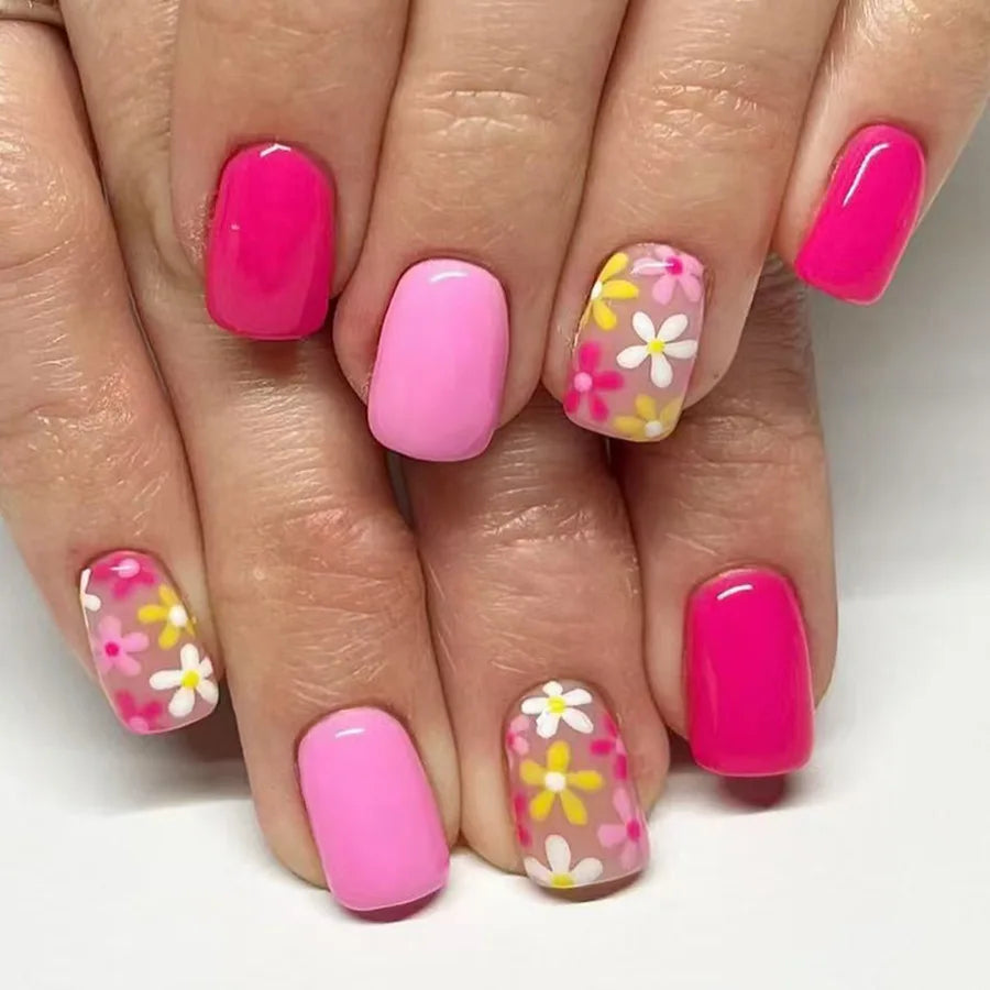24Pcs Press on Nails - Short Square Fake Nails with Cute Flower Design, Multi Color Full Cover Nail Tips for Women | Easy to Apply, Perfect for Daily Wear, Parties & Special Occasions