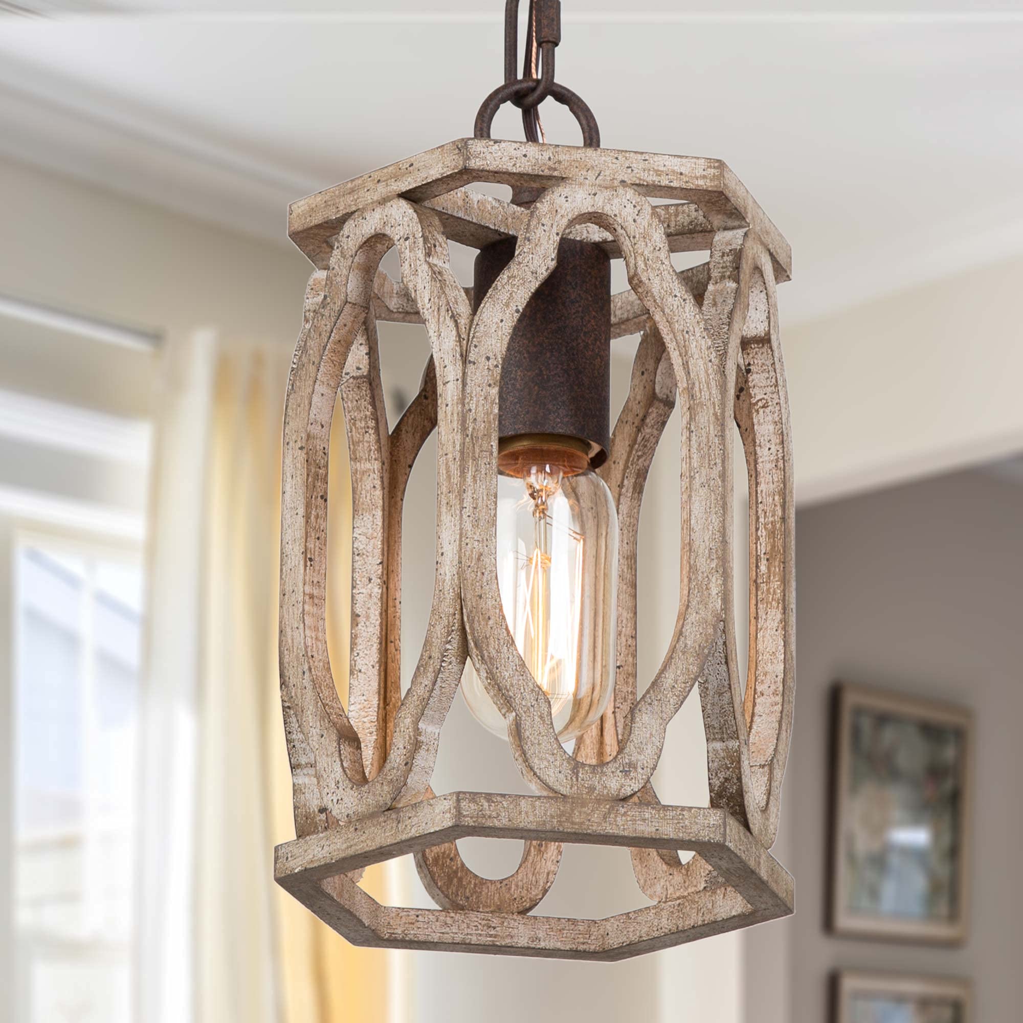 Optimant Farmhouse Wood Pendant Light with Dots & Rustic Finish - Drum Shade Ceiling Fixture for Kitchen Island, Dining Room, Living Room, Entryway | Perfect for Rustic, Industrial & Vintage Home Decor