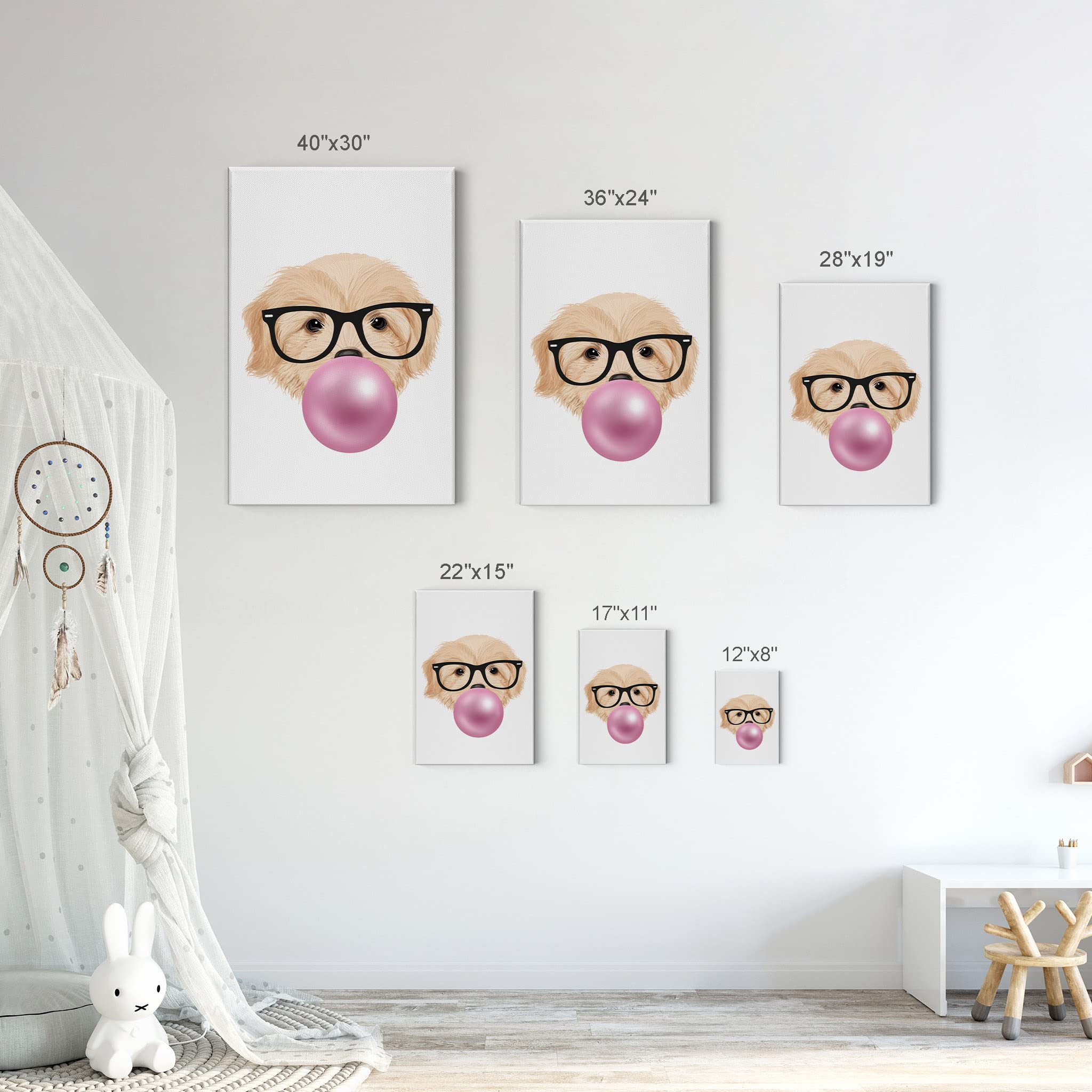 Golden Retriever Puppy Portrait with Glasses Chewing Bubble Gum - Canvas Wall Art Print for Dog Lovers - Perfect for Living Room, Bedroom, Nursery & Kids Room Decor - 36x24 Inches - Funny Pet Gift Idea for Dog Owners & Animal Lovers