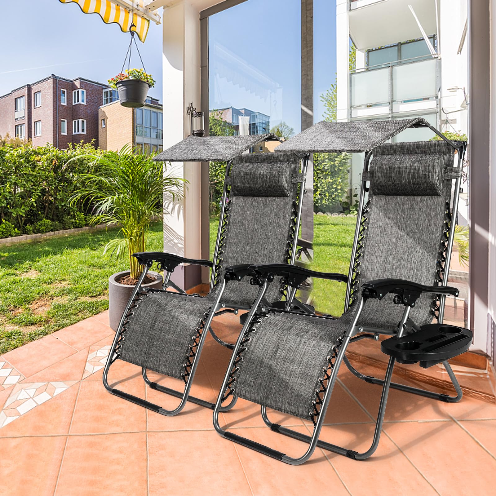 Bonnlo Zero Gravity Lounge Chair with Adjustable Canopy - Patio, Beach & Garden Recliner with Cup Holder & Headrest - Foldable Sun Shade Chair for Outdoor Relaxation (Blue/Grey)