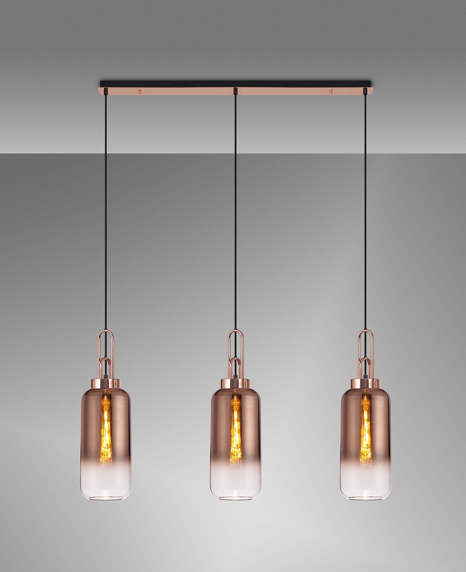 Cadiz 3L Kitchen Island Ceiling Light Fixture - E27 Socket, Copper & Matte Black Finish, Multiple Glass Shade Colors, IP20 Rated - Perfect for Dining Room, Bedroom, or Living Room Lighting