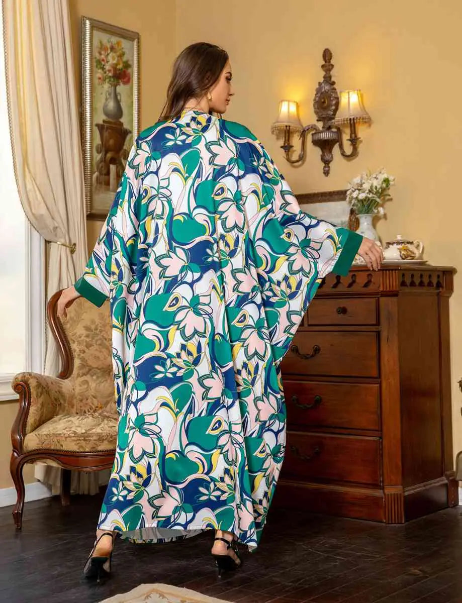 Elegant Eid Dress with Batwing Sleeves & Rhinestone Embellishments - Farasha Caftan Kaftan Jalabiya Dress for Women | Perfect for Eid Celebrations, Weddings & Special Occasions