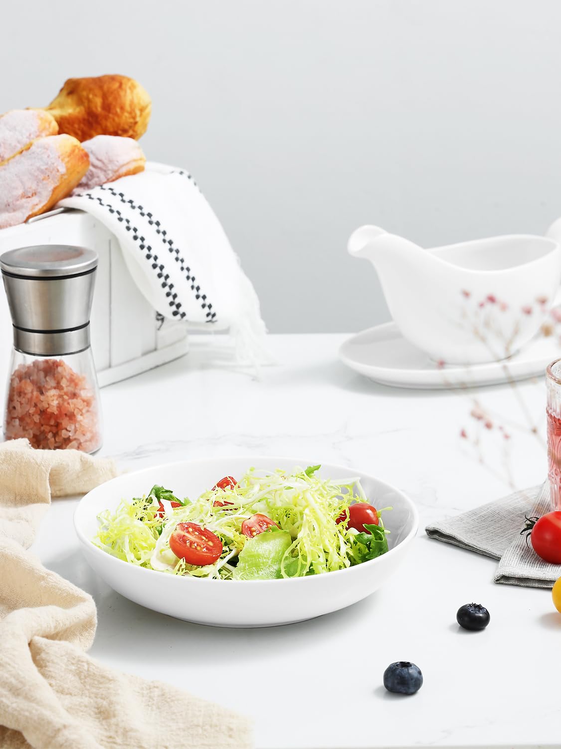 Yedio 22oz Porcelain Salad Bowls Set of 6 - Microwave & Dishwasher Safe White Pasta Bowls for Kitchen - Perfect for Salads, Pasta, Soups & Entertaining