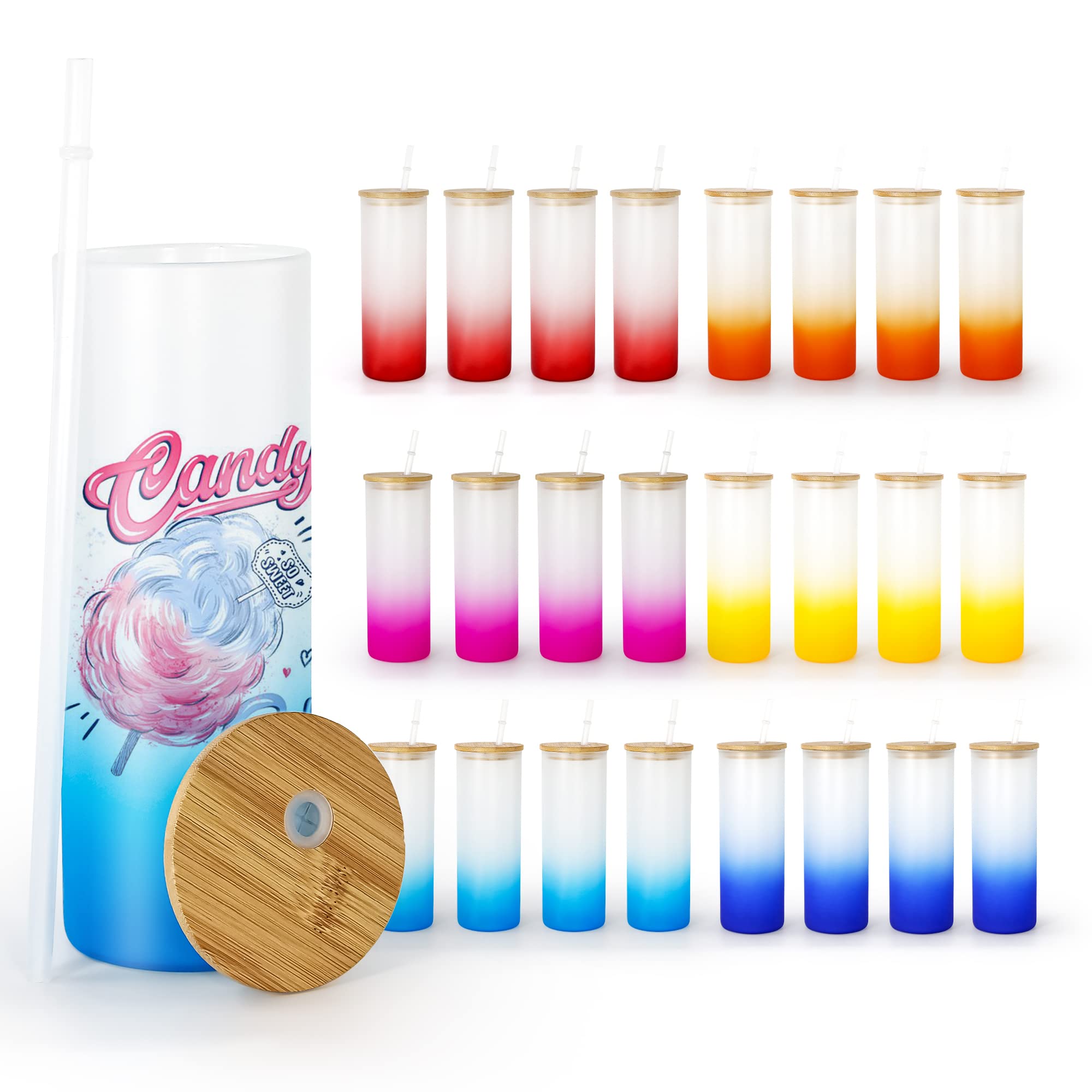 25 Pack Sublimation Glass Tumblers with Bamboo Lid - 25 oz Gradient Color Straight Skinny Tumbler Cups, Reusable Drinking Glasses with Straw for Juice, Coffee, Milk - Perfect for Home, Office, and Outdoor Use
