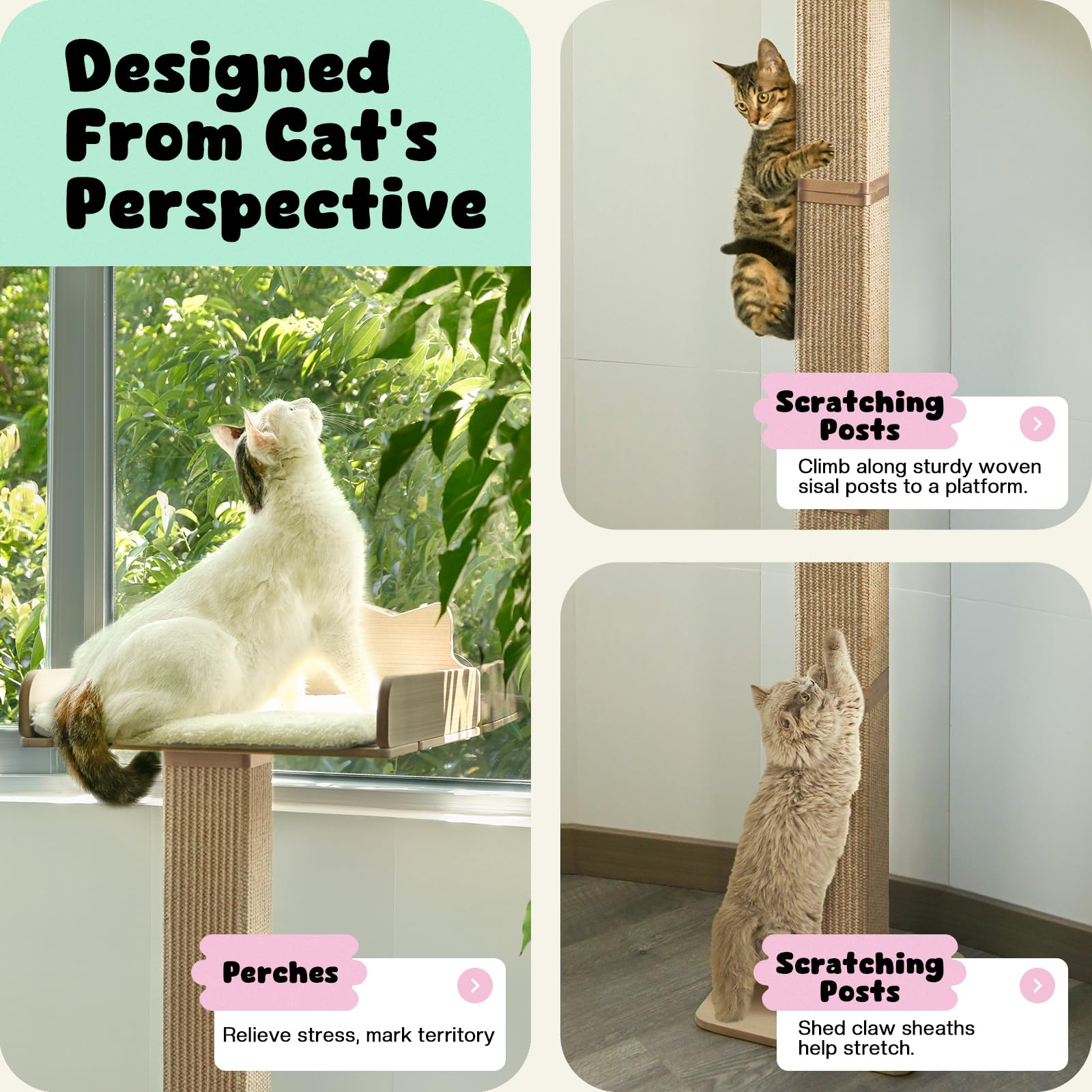 Premium Cat Window Perch with Scratching Post - Sturdy Sisal Cat Hammock for Windows with 2 Strong Suction Cups, Large Perch & Plush Cushion - Perfect for Indoor Cats to Lounge, Scratch & Sunbathe by the Window