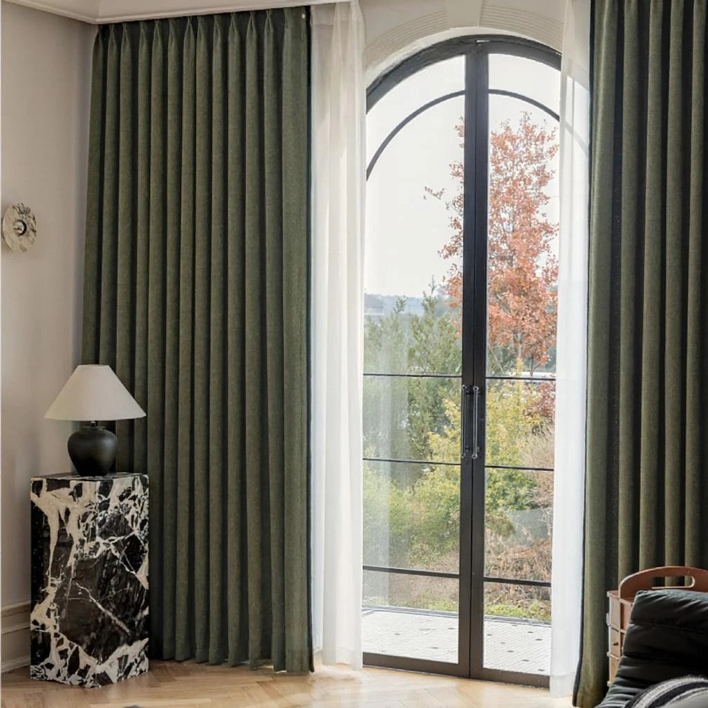 Ruby Chenille Green Thermal Blackout Curtains with Black Trim - Energy Efficient Room Darkening Window Treatments for Bedroom & Living Room