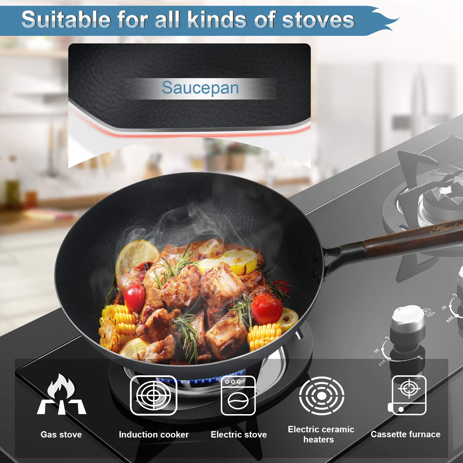 Premium Carbon Steel Wok with Glass Lid & Wooden Spatula - 14 Inch Chinese Stir Fry Pan for Professional Cooking | Perfect for Home Chefs & Asian Cuisine Lovers | Ideal for Stir-Frying, Deep Frying & Sautéing
