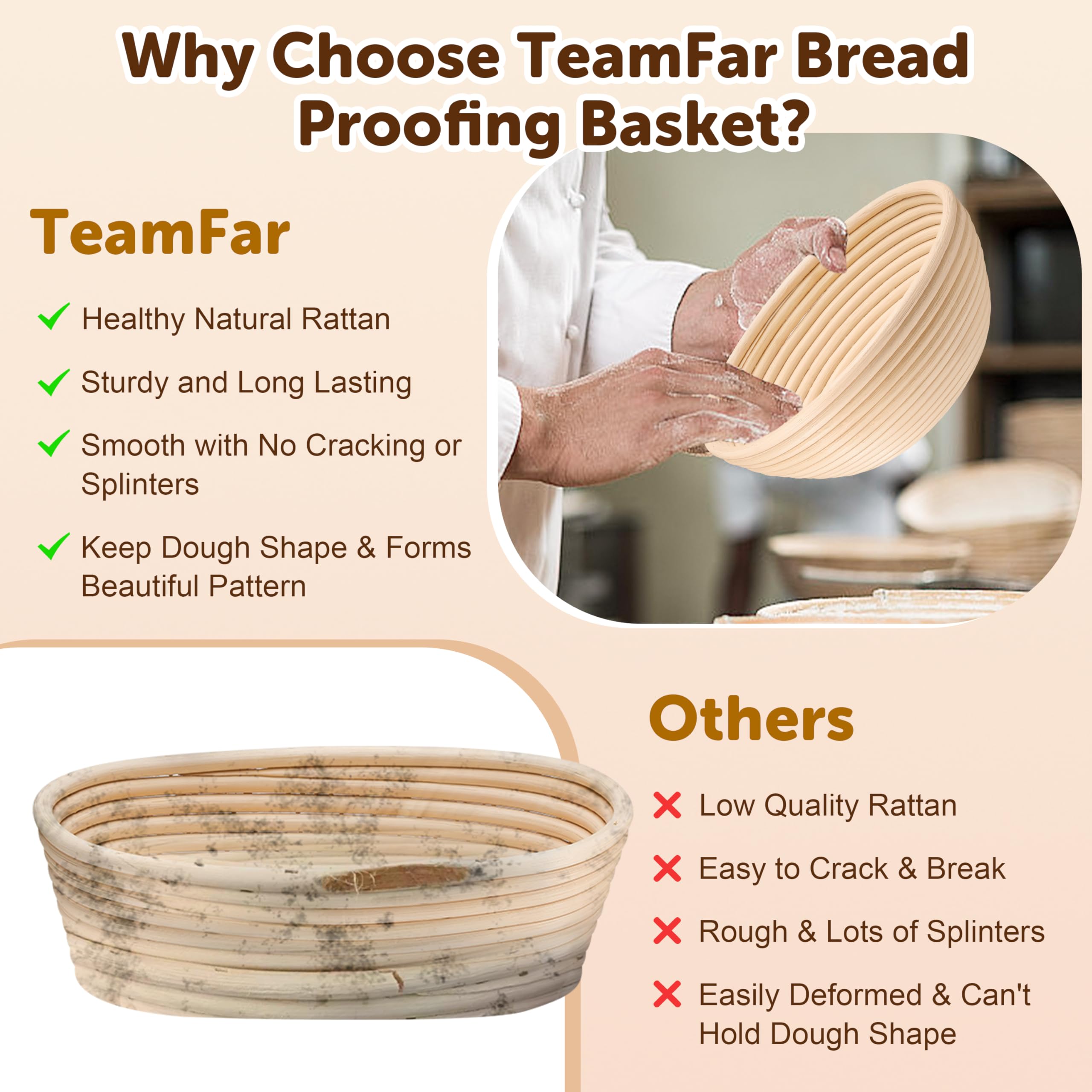 TeamFar 9” Round & 10” Oval Bread Proofing Basket Set with Liner - Sourdough Starter Kit for Artisan Bread Making (Includes Bread Lame, Whisk, Dough Scraper & Basting Brush) - Perfect for Home Bakers & Professional Bakeries