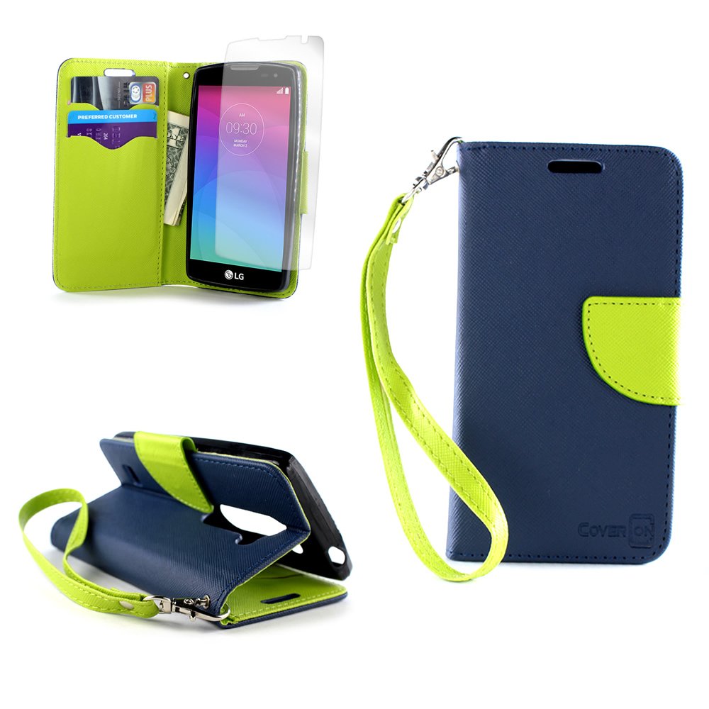 CoverON® Wallet Case for LG Power Destiny - Sunset Design Flip Phone Cover with Credit Card Slots, Screen Protector & Wrist Strap (Navy Blue & Neon Green) | Perfect for Everyday Use, Travel & Hands-Free Convenience