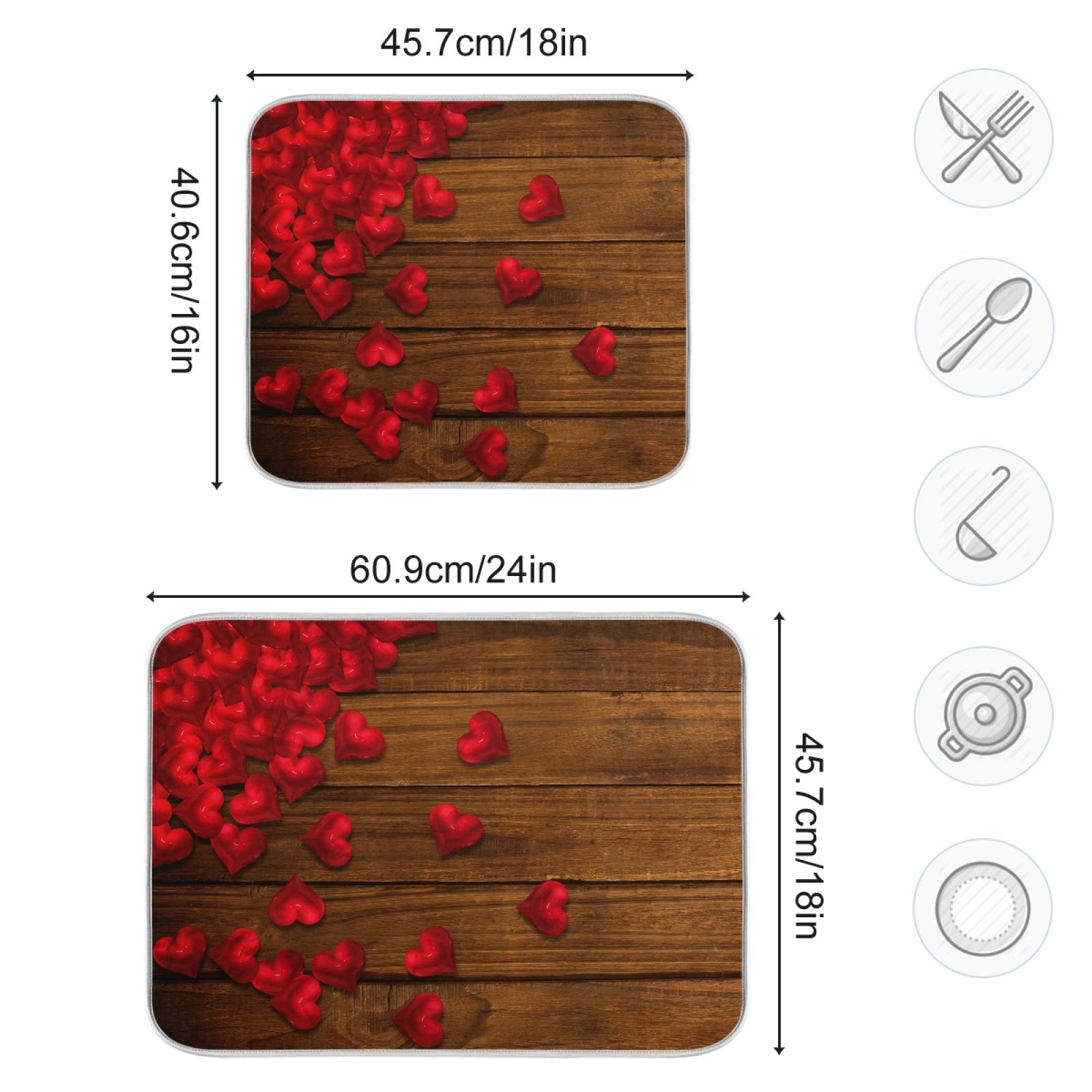 Premium Microfiber Dish Drying Mat - 18x16 Inch Absorbent Kitchen Counter Mat with Red Heart Design on Wooden Board, Reversible Dish Drainer for Plates & Bottles | Perfect for Kitchen Countertops, Sink Areas & Dish Drying Stations