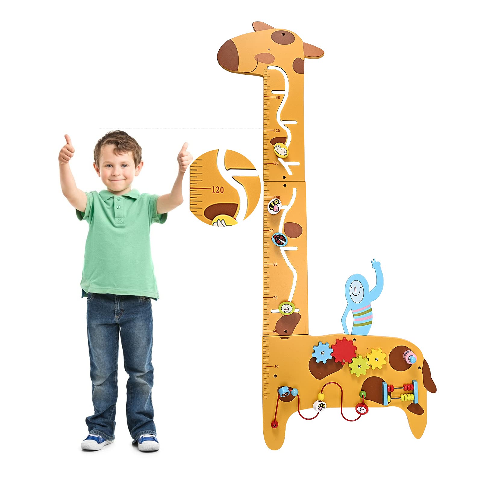 7-in-1 Multifunctional Wooden Activity Wall Panel - Busy Board with Giraffe Height Ruler & 5 Educational Games for Toddlers 36+ Months | Early Learning Toy for Nursery, Playroom & Bedroom