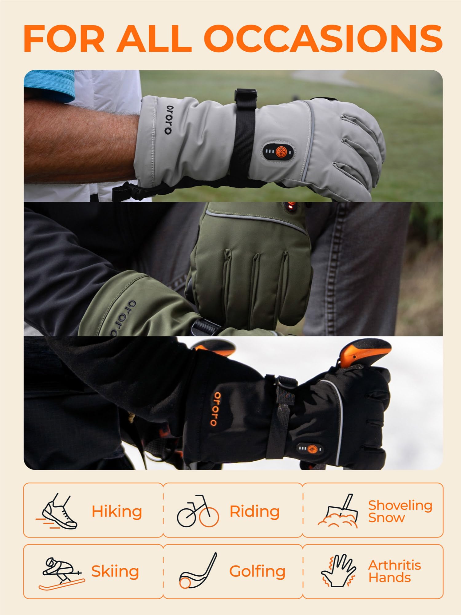 ORORO Rechargeable Heated Gloves for Men & Women - Winter Motorcycle Riding, Skiing & Outdoor Activities - USB Powered Warm Gloves (Charger Not Included) - Perfect for Cold Weather Commuting, Snow Sports & Winter Adventures