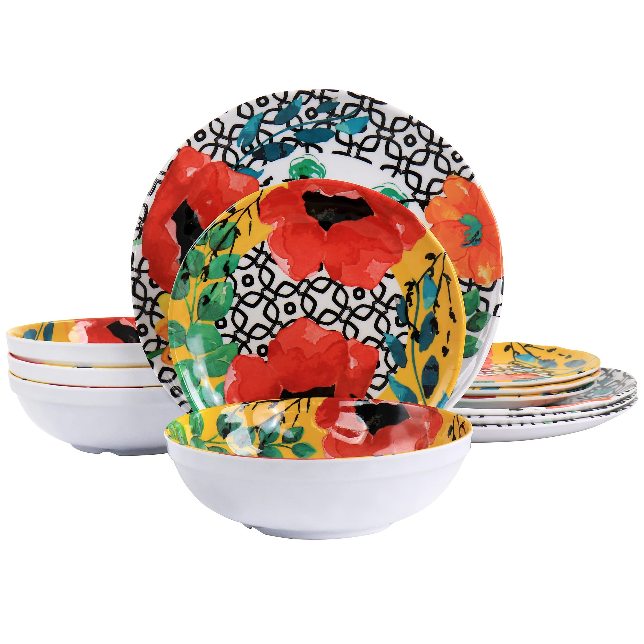 Elama Grace 12-Piece Melamine Dinnerware Set - Durable & Colorful (Red/Yellow/Green/Blue) - Perfect for Outdoor Dining, Picnics, Camping & Beach Parties
