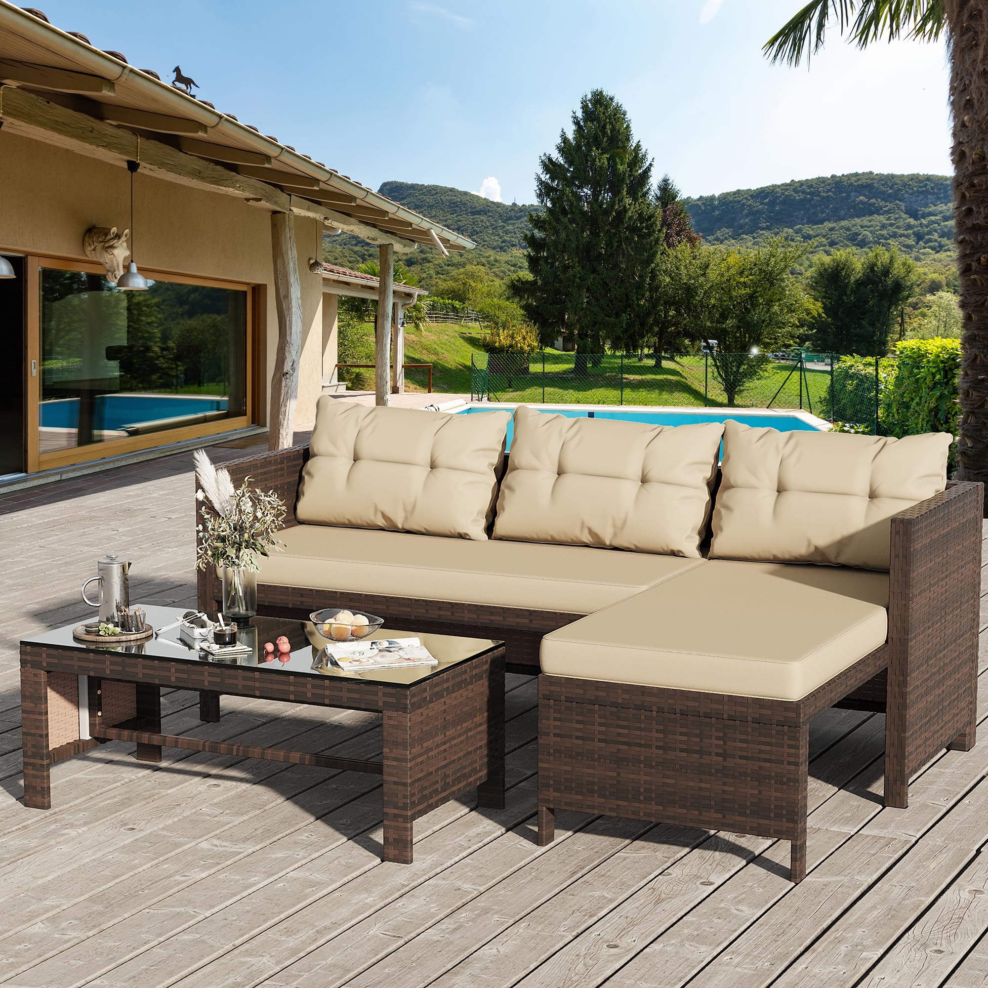 Shintenchi 3-Piece All-Weather Wicker Patio Furniture Set with Cushions & Glass Coffee Table - Outdoor Sectional Sofa for Garden, Poolside & Backyard (Khaki)