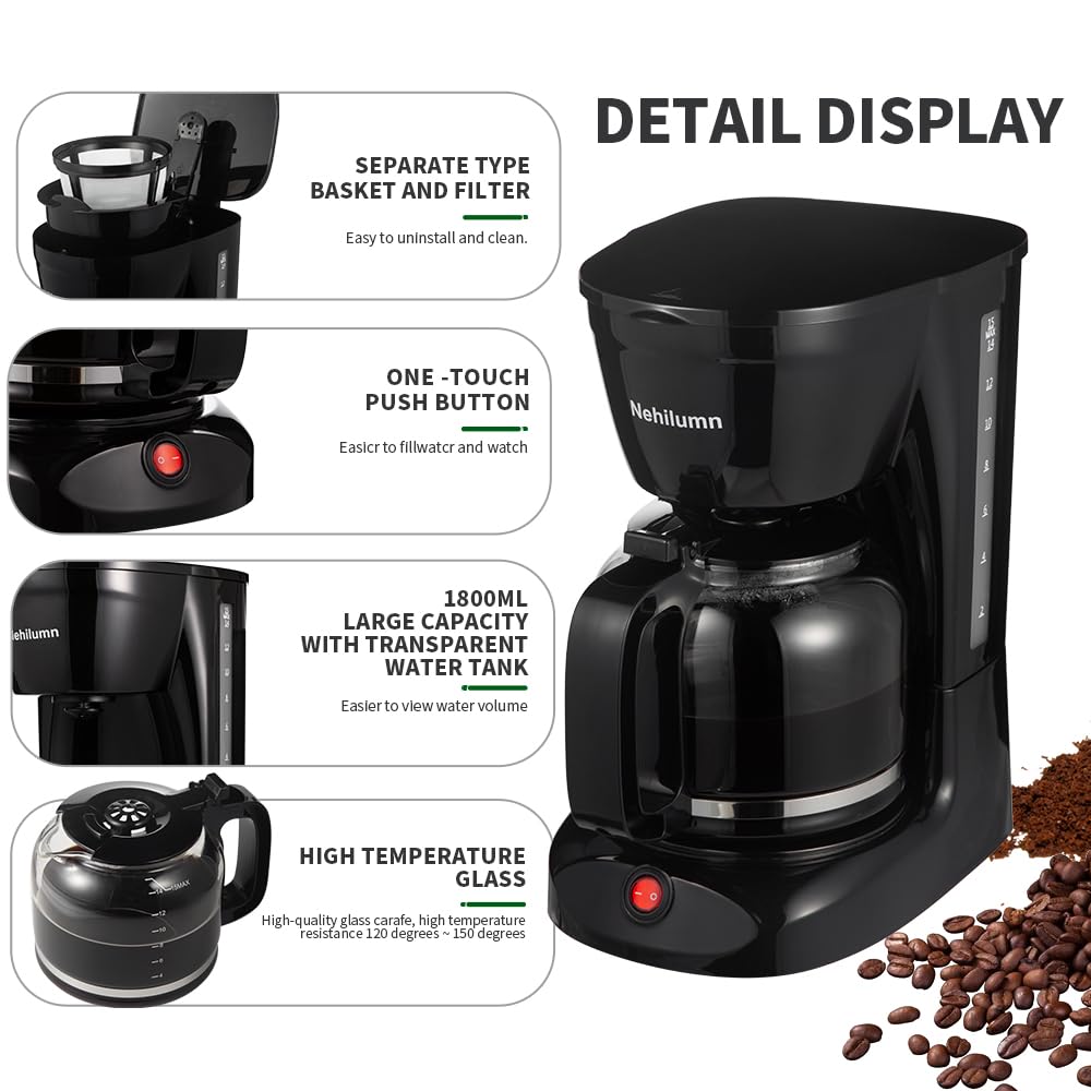 12 Cup Drip Coffee Maker with 1.8L Glass Carafe - Perfect for Home & Office