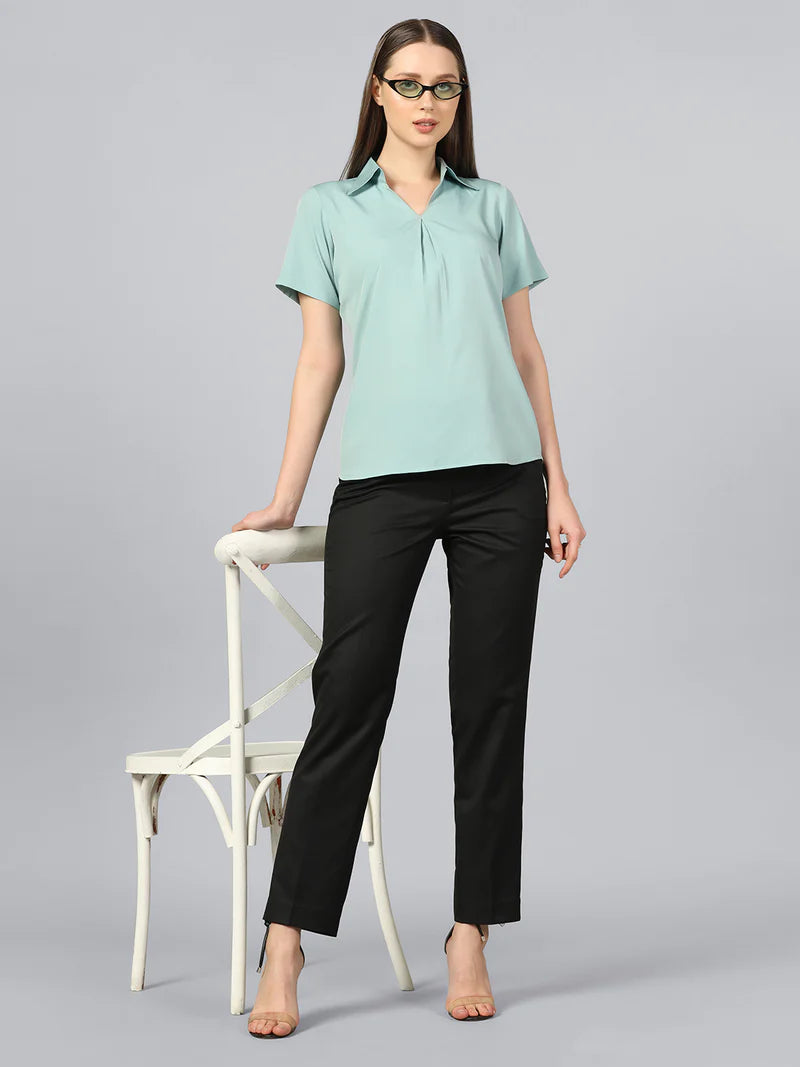 Light Blue Crepe Blouse with Black Regular Fit Pants - Women's Office Wear & Casual Outfit for Work and Everyday Style