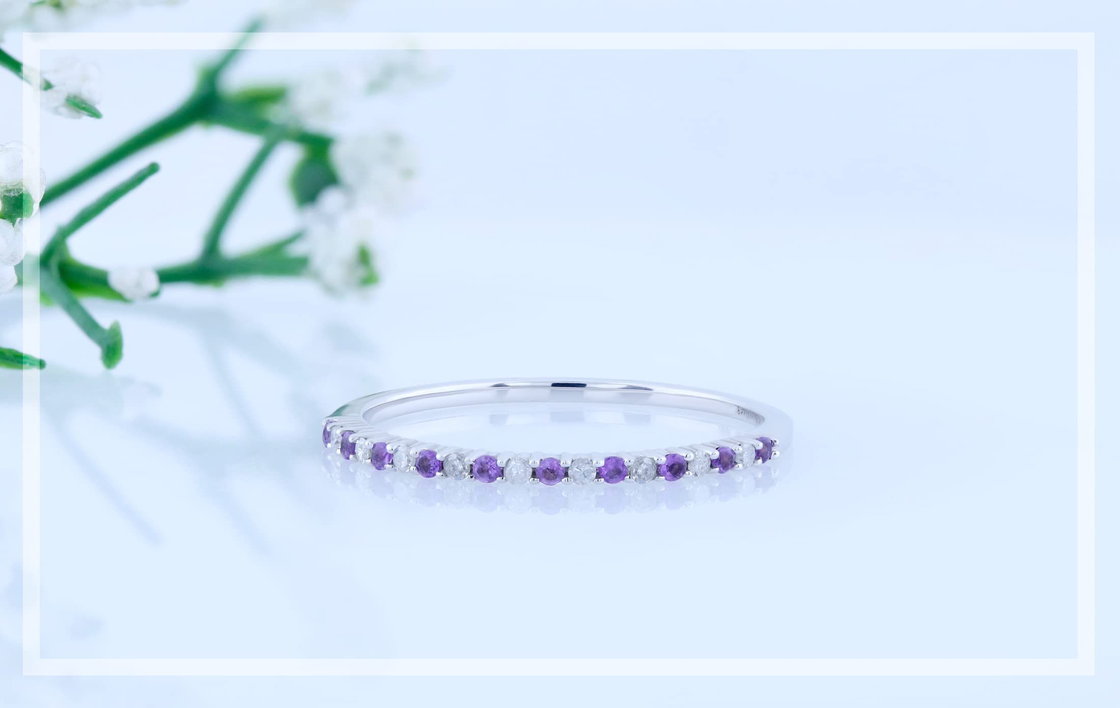 10K Solid Gold Round Amethyst & White Diamond Stackable Wedding Band Ring for Women - Anniversary Gift, Bridal Jewelry, Stackable Rings for Everyday Wear