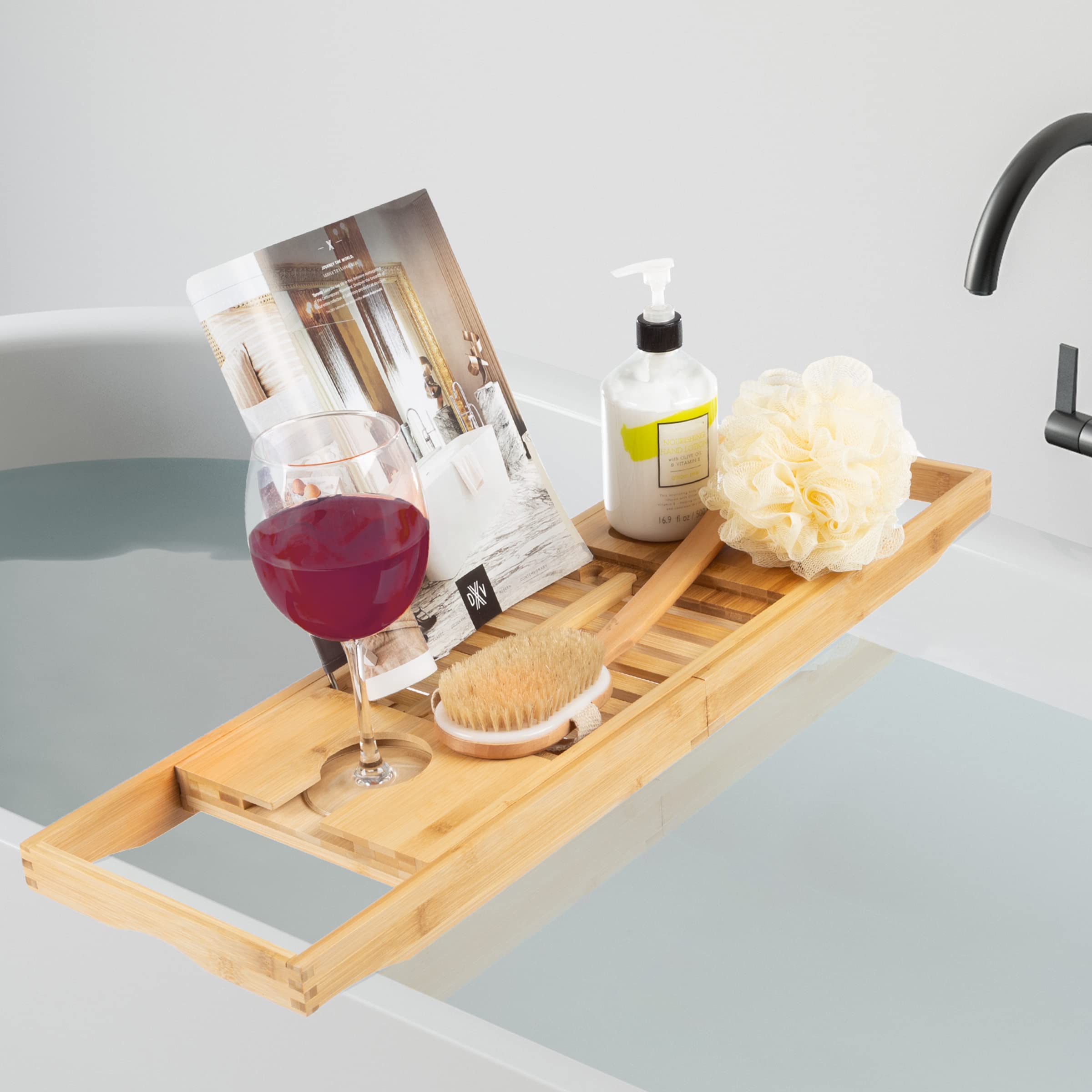 Expandable Bamboo Bathtub Tray Set of 2 - Natural Wood Bath Caddy with Cup Holder & Book/Phone/Tablet Stand | Perfect for Relaxing Baths, Spa Days & Reading in the Tub