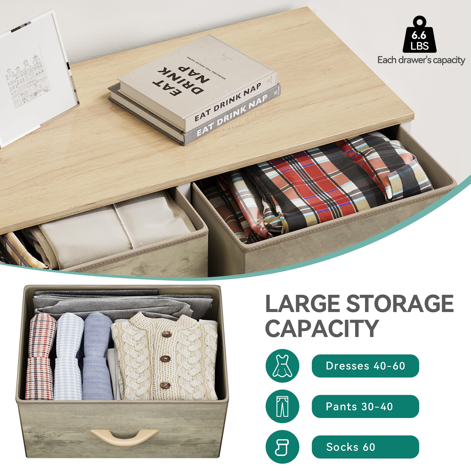 YITAHOME 5-Drawer Wide Chest Dresser - Oak Greige Fabric Storage Tower with Sturdy Steel Frame & Wooden Top - Perfect for Bedroom, Living Room, and Closet Organization