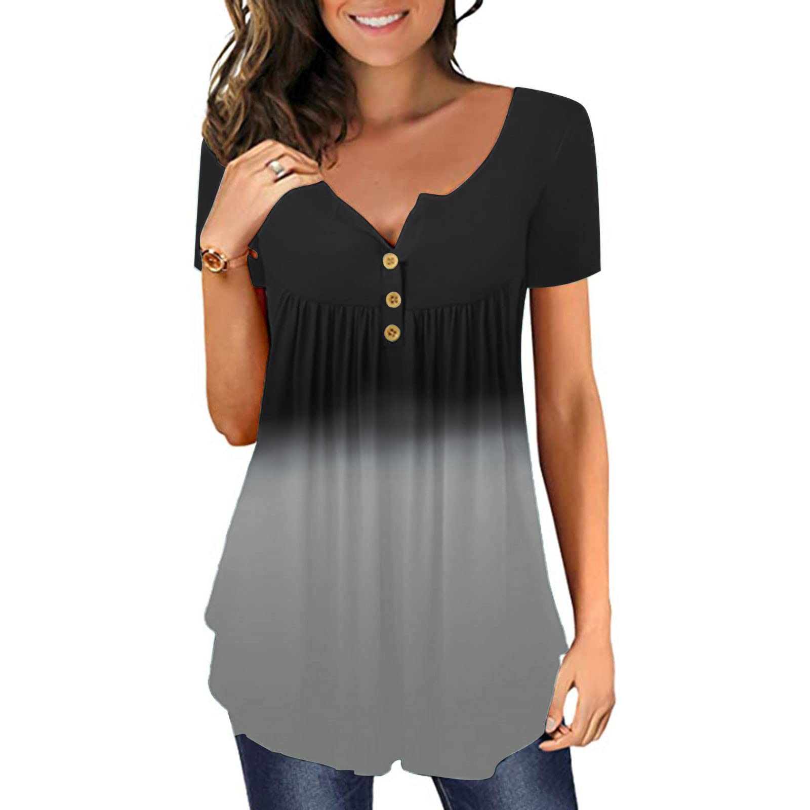Plus Size Women's Gradient Printed V-Neck Short Sleeve T-Shirt - Button Pullover Tank Top & Elbow Tee for Casual Wear, Summer Outfits, and Everyday Fashion