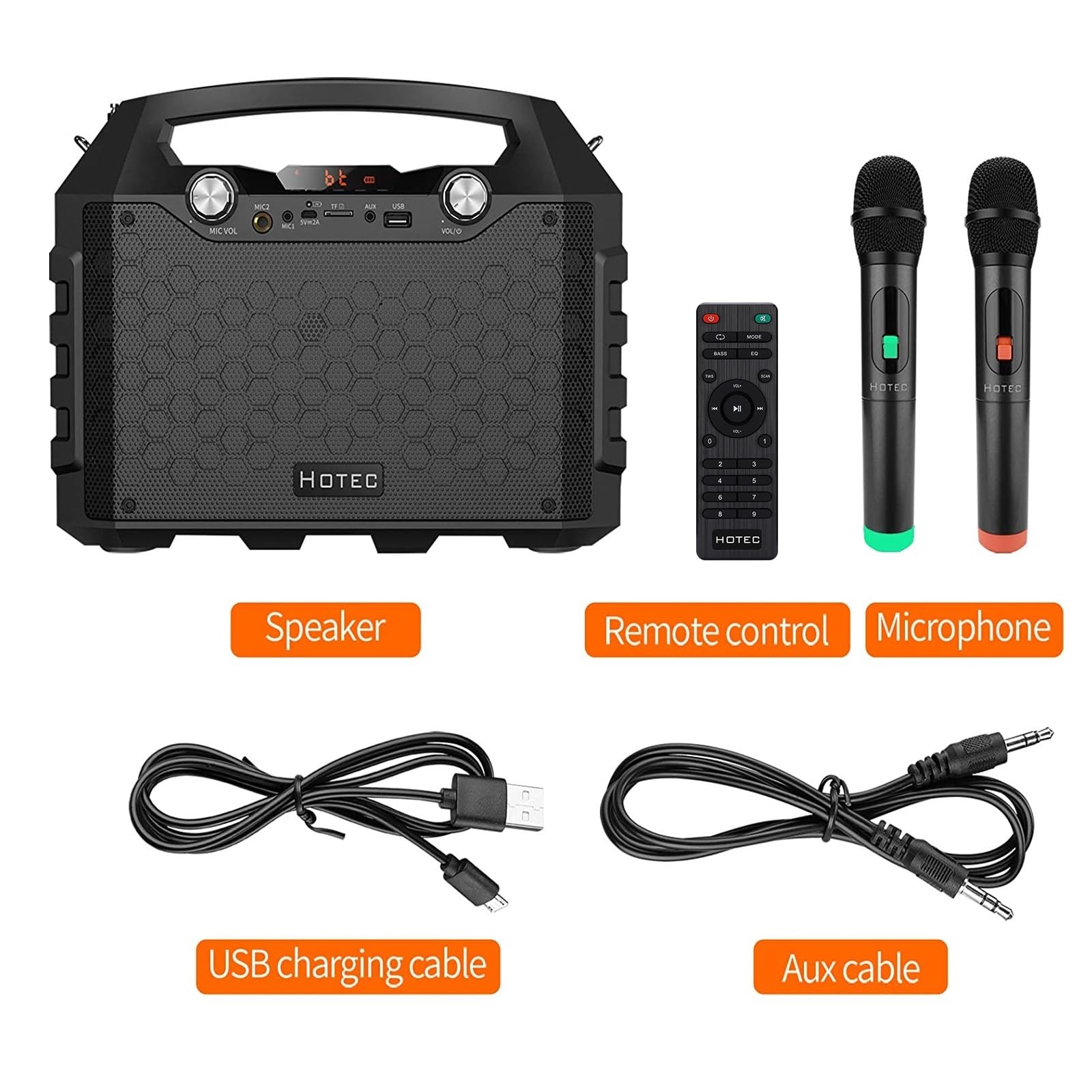 Hotec Wireless Bluetooth PA Speaker with Dual Microphones - Portable Karaoke Machine for Party, Wedding, Teaching | Indoor & Outdoor Use for Events, Church, Lectures, Classroom Activities
