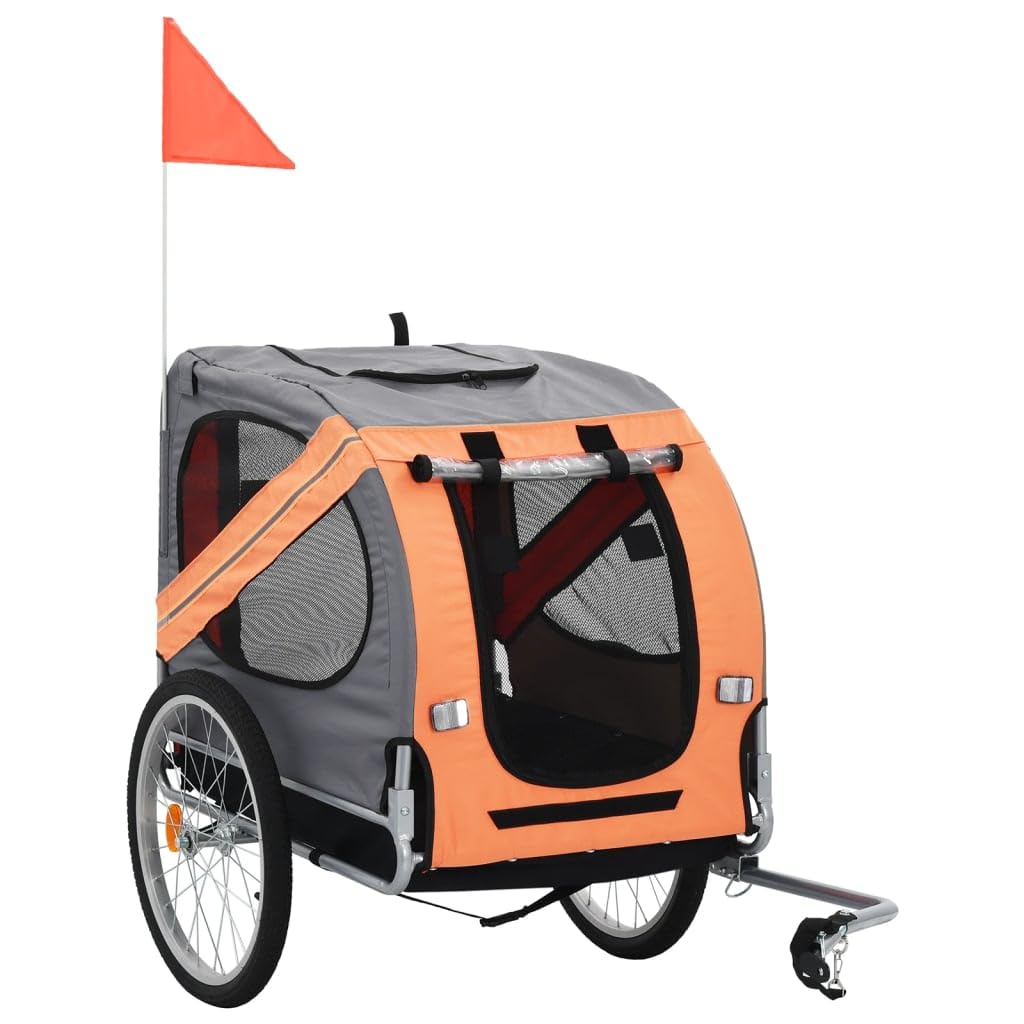 Durable Dog Bike Trailer with Non-Slip Base & Safety Reflectors - Easy to Assemble Oxford Fabric & Steel Frame Pet Carrier - Orange & Gray for Cycling Adventures & Outdoor Travel with Your Dog