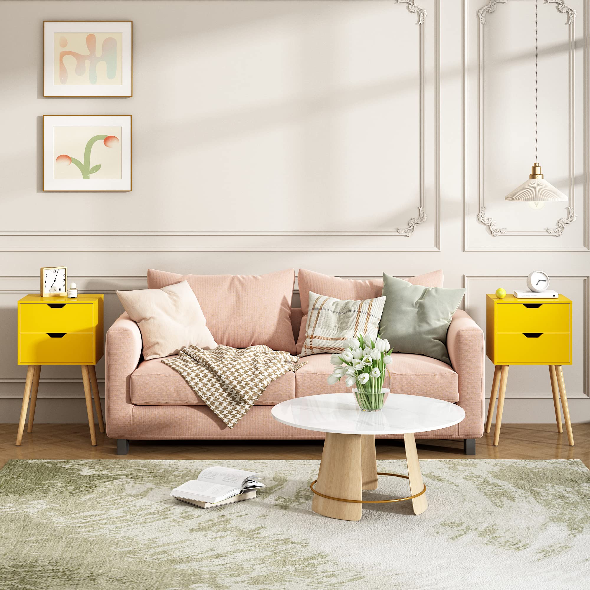 JAXPETY Nightstands Set of 2 - Modern Bedside Tables with 2 Drawers & Solid Wood Legs, Large Storage End Tables for Bedroom (Yellow) | Perfect for Small Spaces, Guest Rooms & Apartment Living